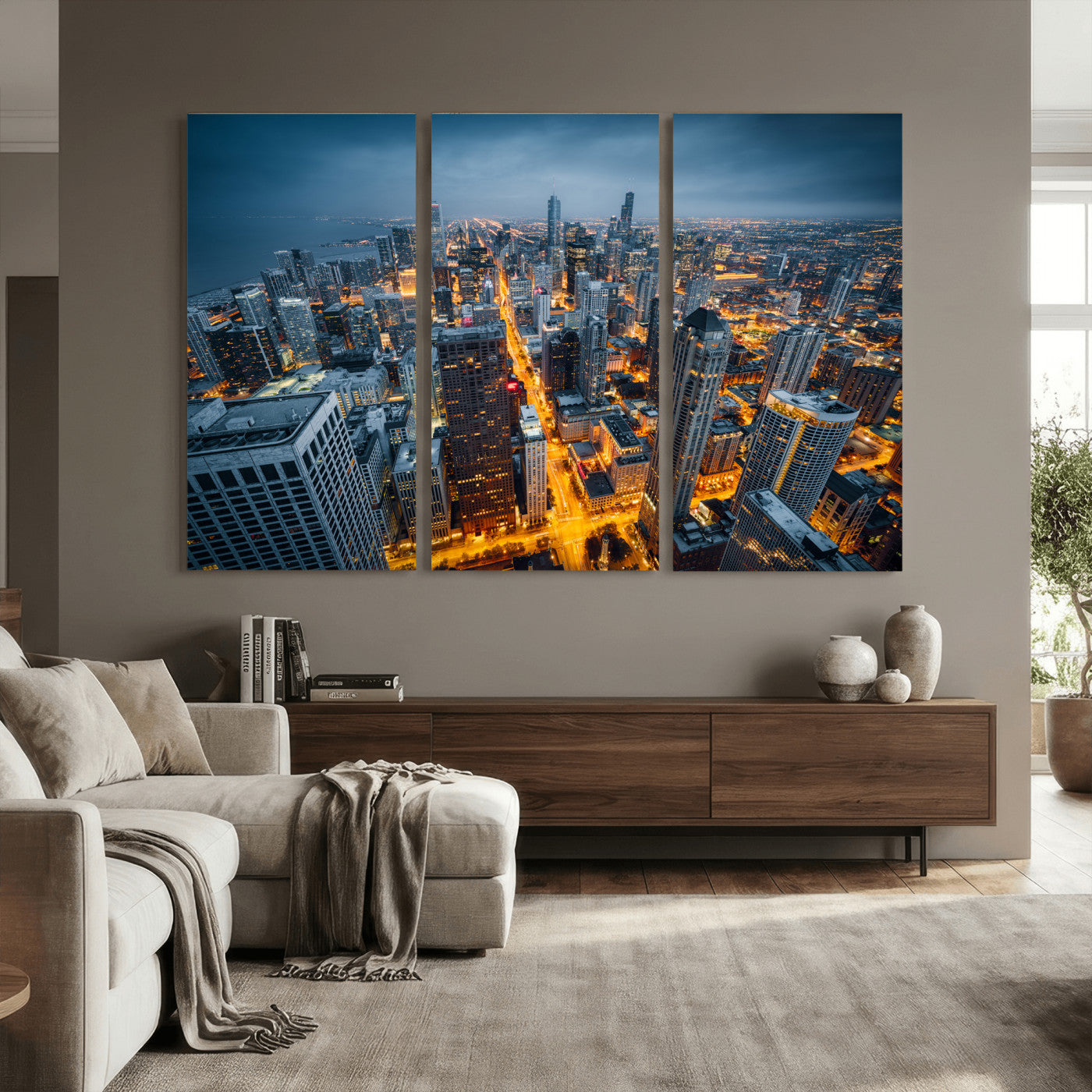 81742538-MGV-CV-36X24 - Chicago Wall Art Canvas Print, Chicago City Downtown Night Cityscape Print for Modern Urban Wall Decor