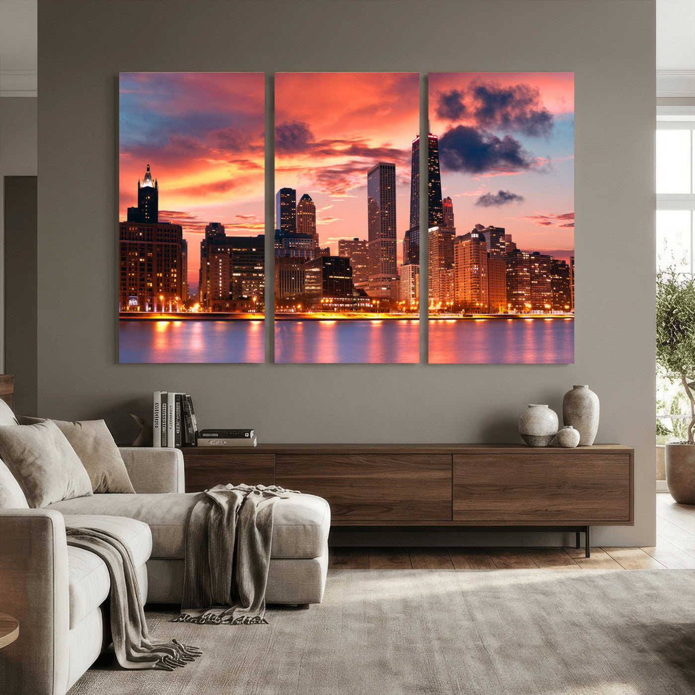 80390109-MGV-CV-36X24 - Chicago Wall Art Canvas Print, Chicago City Downtown Night Cityscape Print for Modern Urban Wall Decor