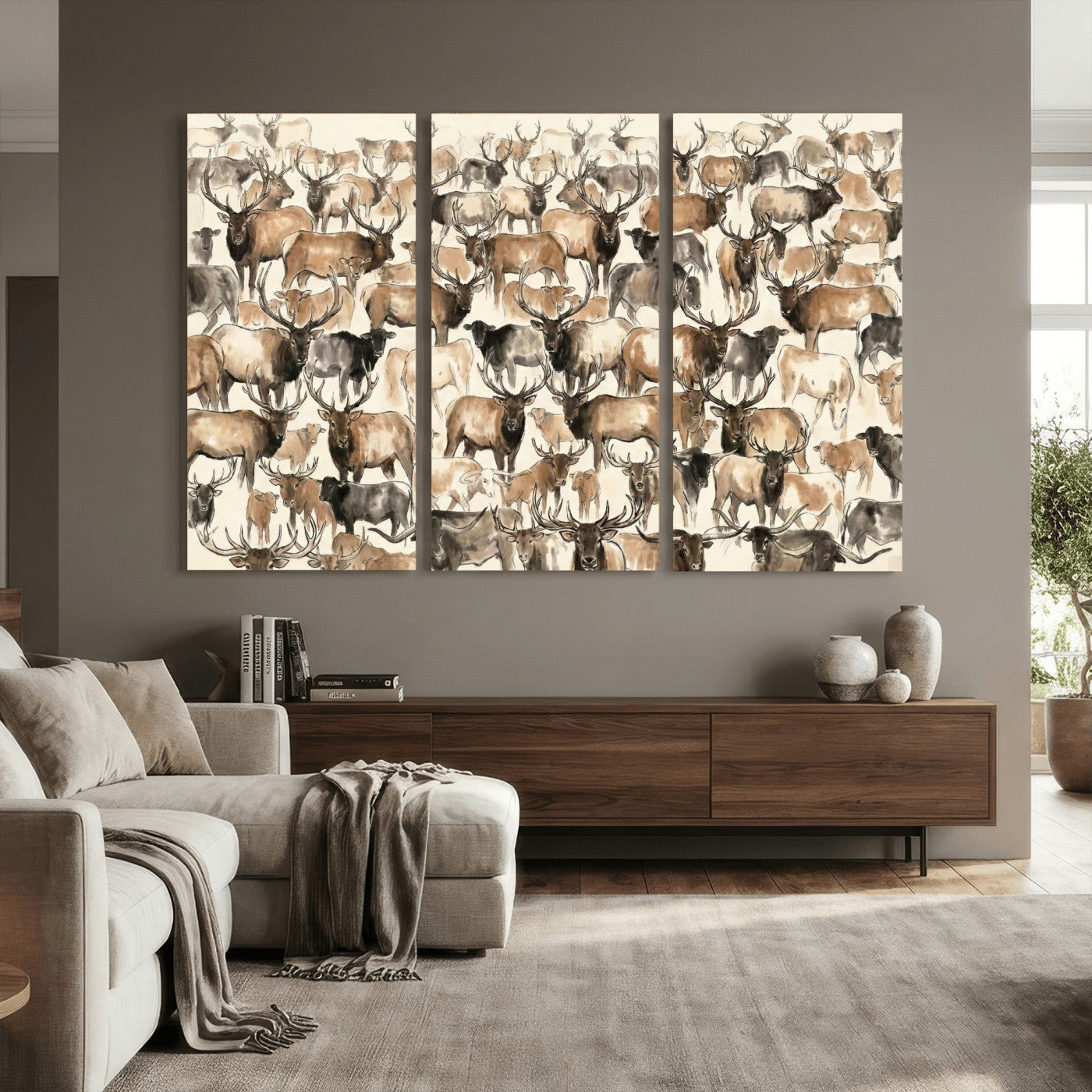 24374881-MGV-CV-36X24 - Farmhouse Animals Wall Art Canvas Print - Abstract Farm Animal Drawing Mid-Century Wall Art for Cabin Decor