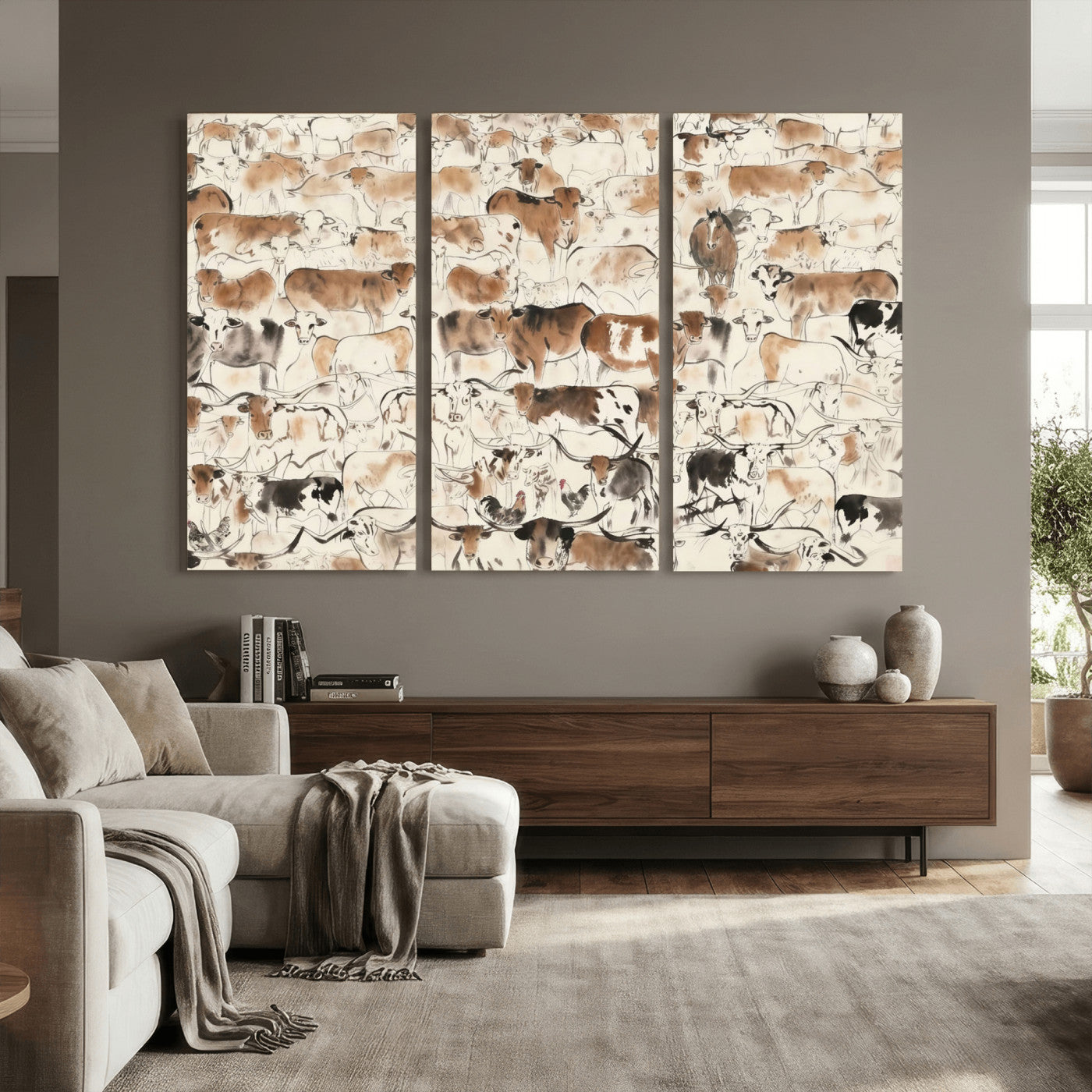 69961368-MGV-CV-36X24 - Farmhouse Animals Wall Art Canvas Print - Abstract Farm Animal Drawing Mid-Century Wall Art for Cabin Decor