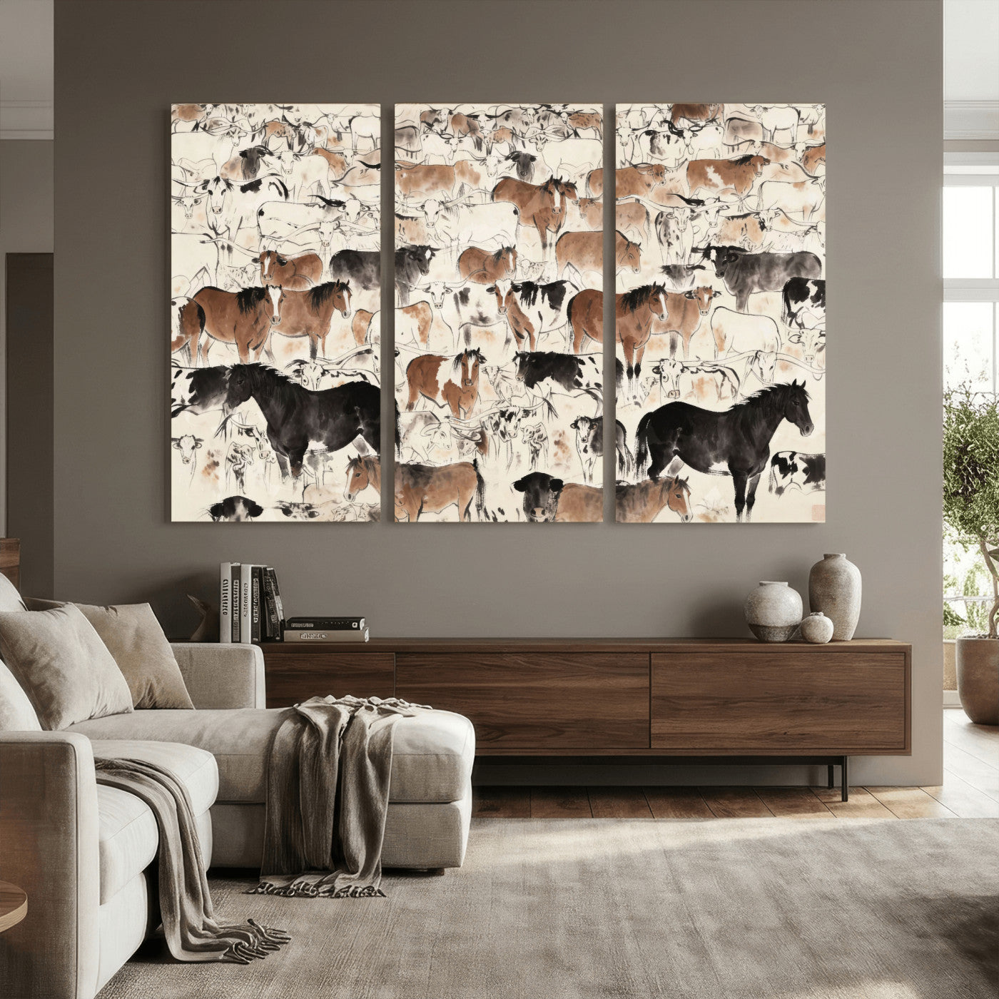 74171578-MGV-CV-36X24 - Farmhouse Animals Wall Art Canvas Print - Abstract Farm Animal Drawing Mid-Century Wall Art for Cabin Decor
