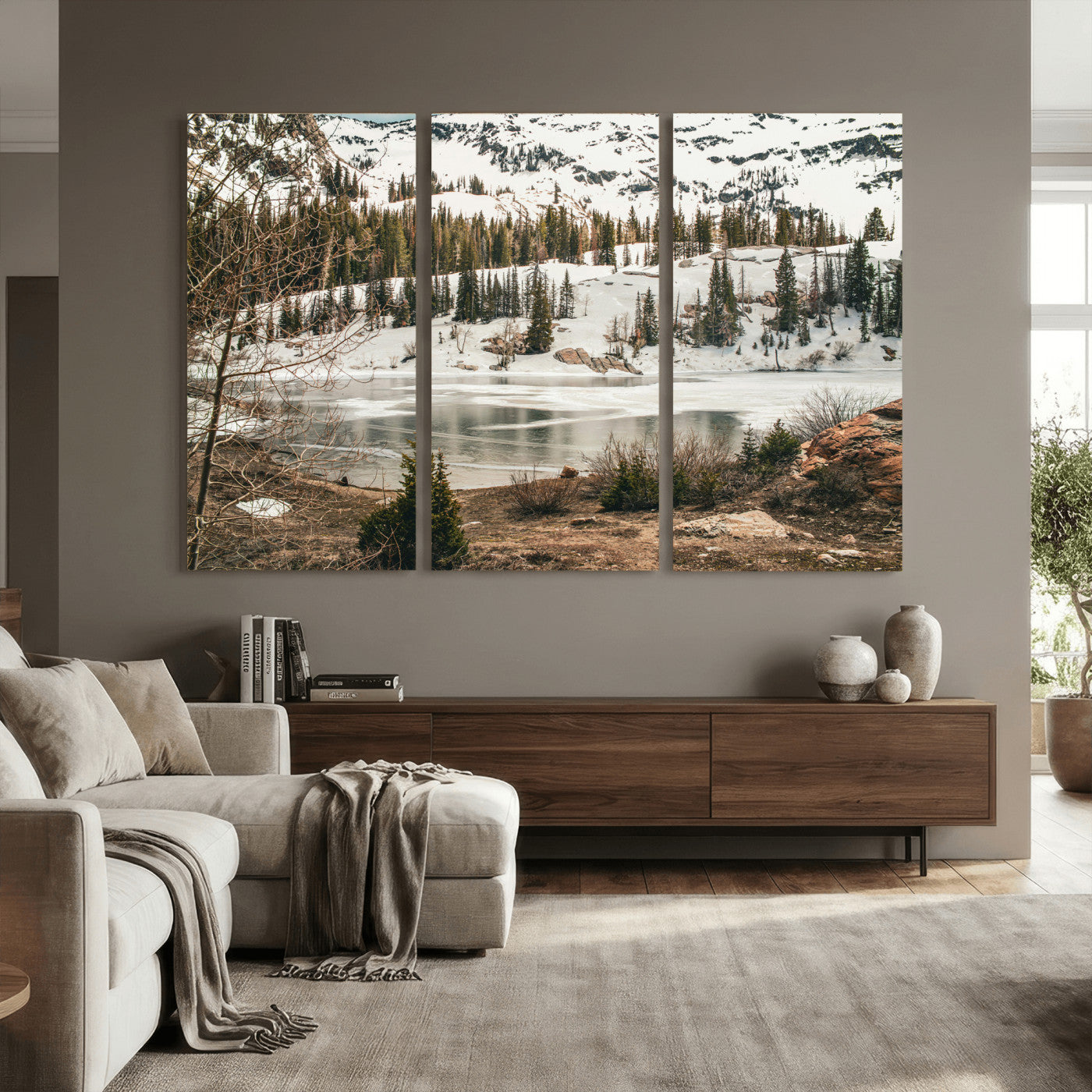 10336249-MGV-CV-36X24 - Snowy Mountain Landscape Wall Art Canvas Print, Alpine Pine Forest Winter Nature Wall Decor for Living Room and Office