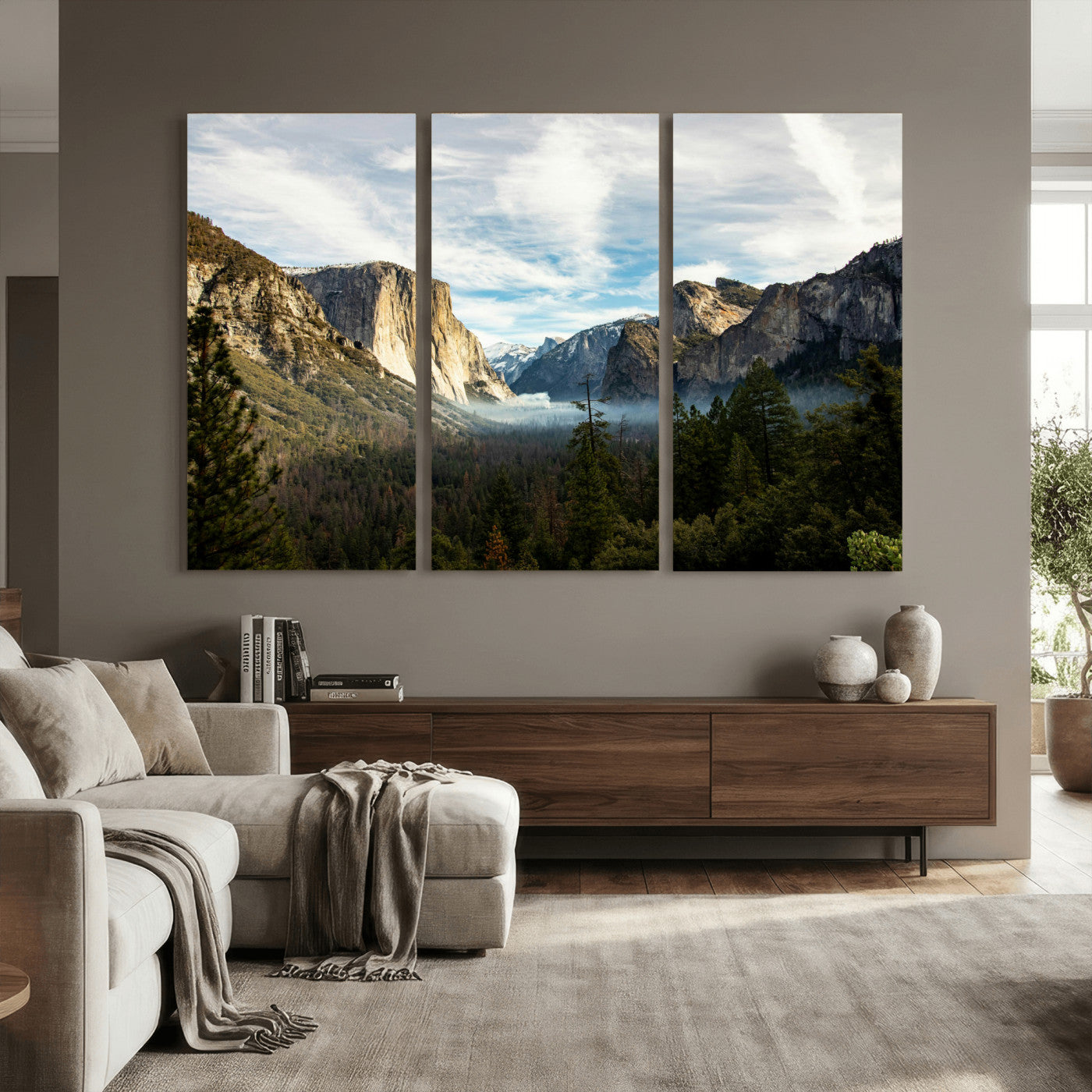 15089394-MGV-CV-36X24 - Yosemite Valley Mountain Landscape Wall Art Canvas Print, Granite Cliff Forest Valley Canvas Print, California National Park Scenic Art Printing