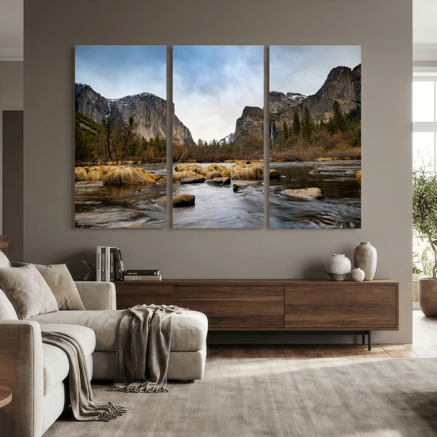 20458404-MGV-CV-36X24 - Yosemite Valley Mountain Landscape Wall Art Canvas Print, Granite Cliff Forest Valley Canvas Print, California National Park Scenic Art Printing