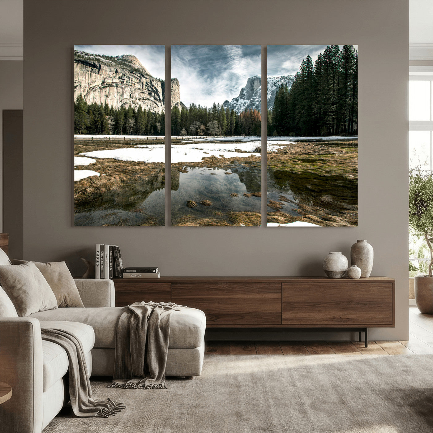 14527348-MGV-CV-36X24 - Yosemite Valley Mountain Landscape Wall Art Canvas Print, Granite Cliff Forest Valley Canvas Print, California National Park Scenic Art Printing