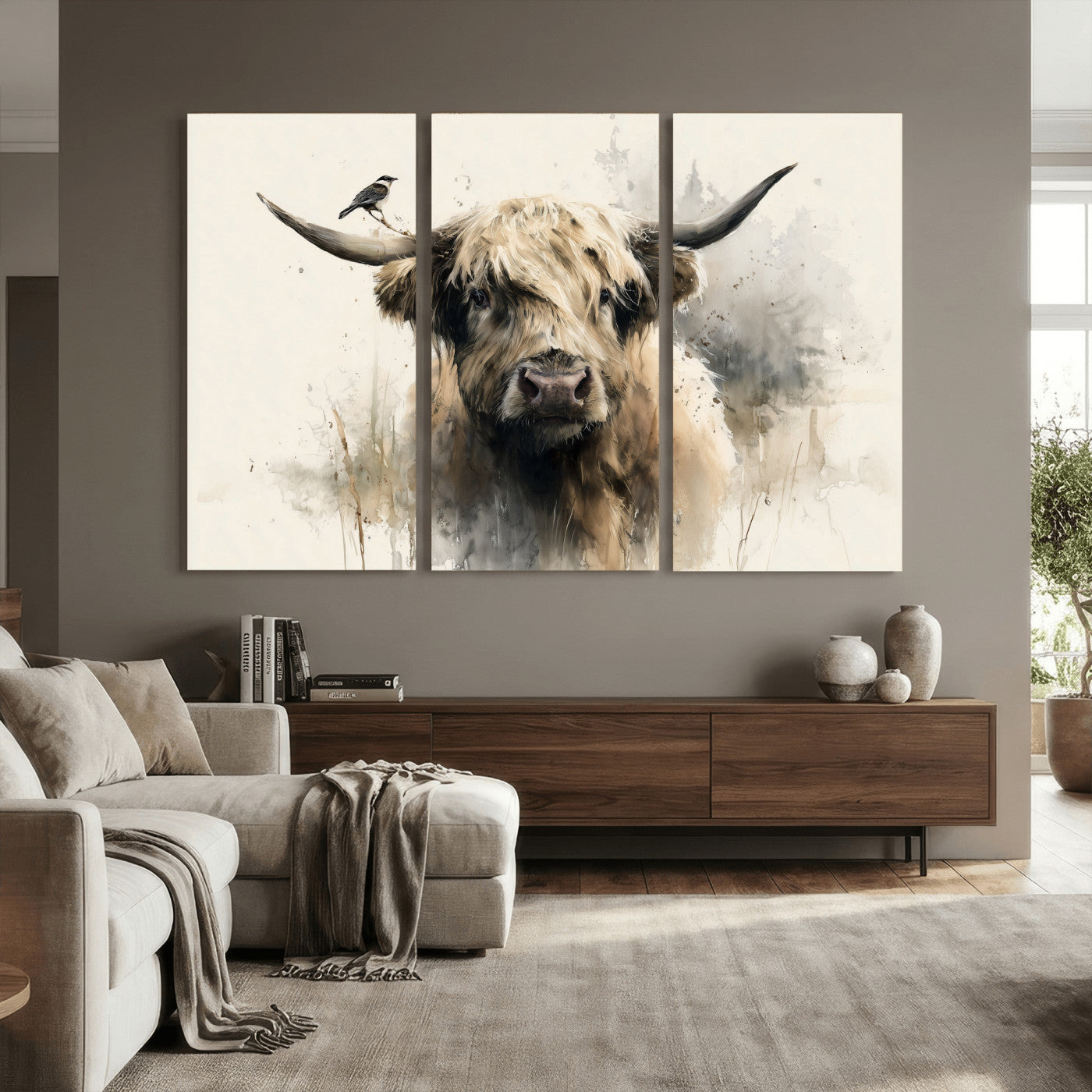 98249290-MGV-CV-36X24 - Abstract Highland Cow Watercolor Animal Wall Art Canvas Print, Rustic Farm Cattle Portrait Canvas Print, Neutral Wildlife Farmhouse Art Printing