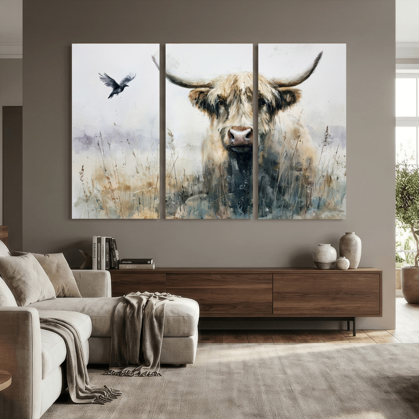 55652651-MGV-CV-36X24 - Abstract Highland Cow Watercolor Animal Wall Art Canvas Print, Rustic Farm Cattle Portrait Canvas Print, Neutral Wildlife Farmhouse Art Printing