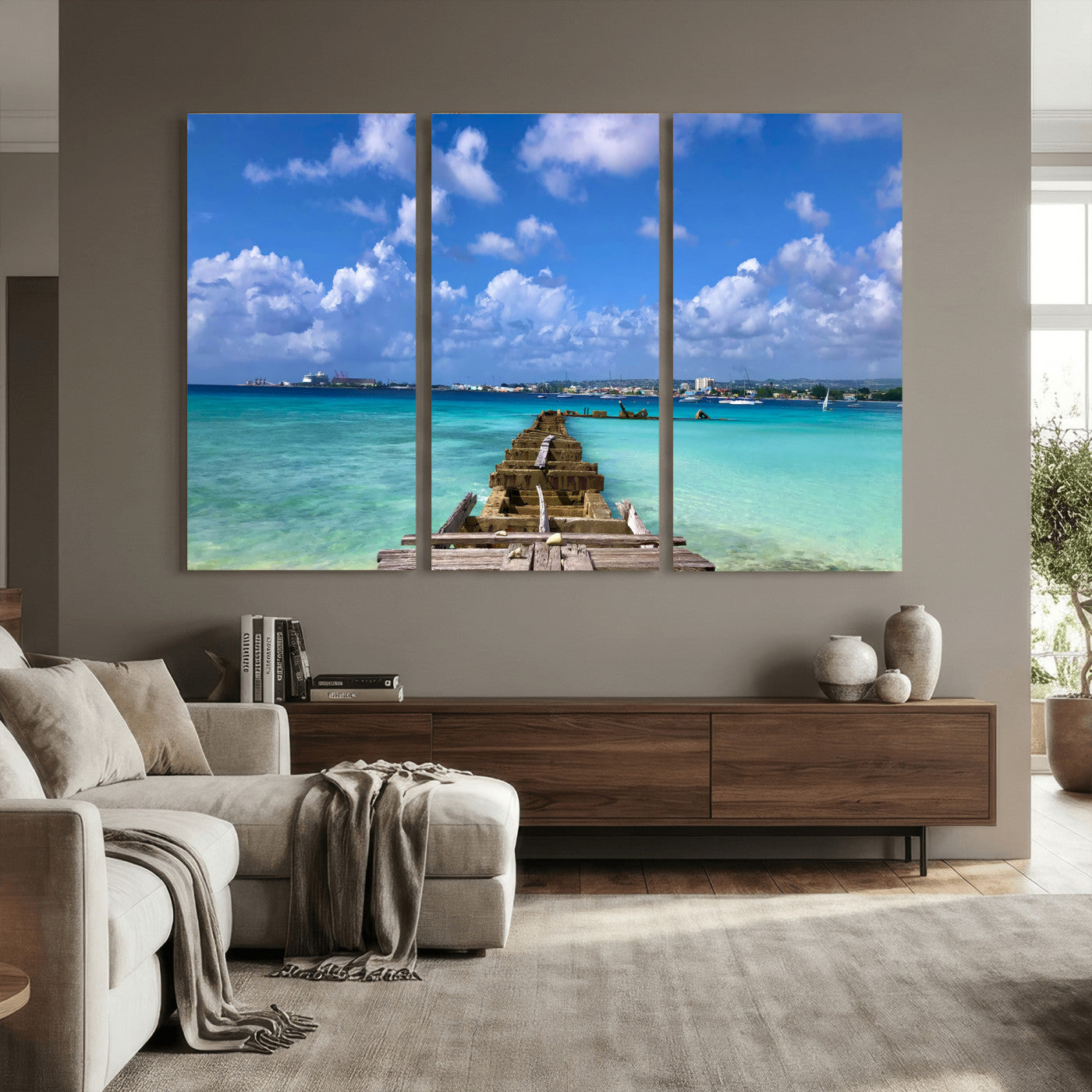 43165024-MGV-CV-36X24 - Caribbean Ocean Pier Seascape Wall Art Canvas Print, Turquoise Sea Tropical Harbor Canvas Print, Island Coastal Blue Water Scenic Art Printing