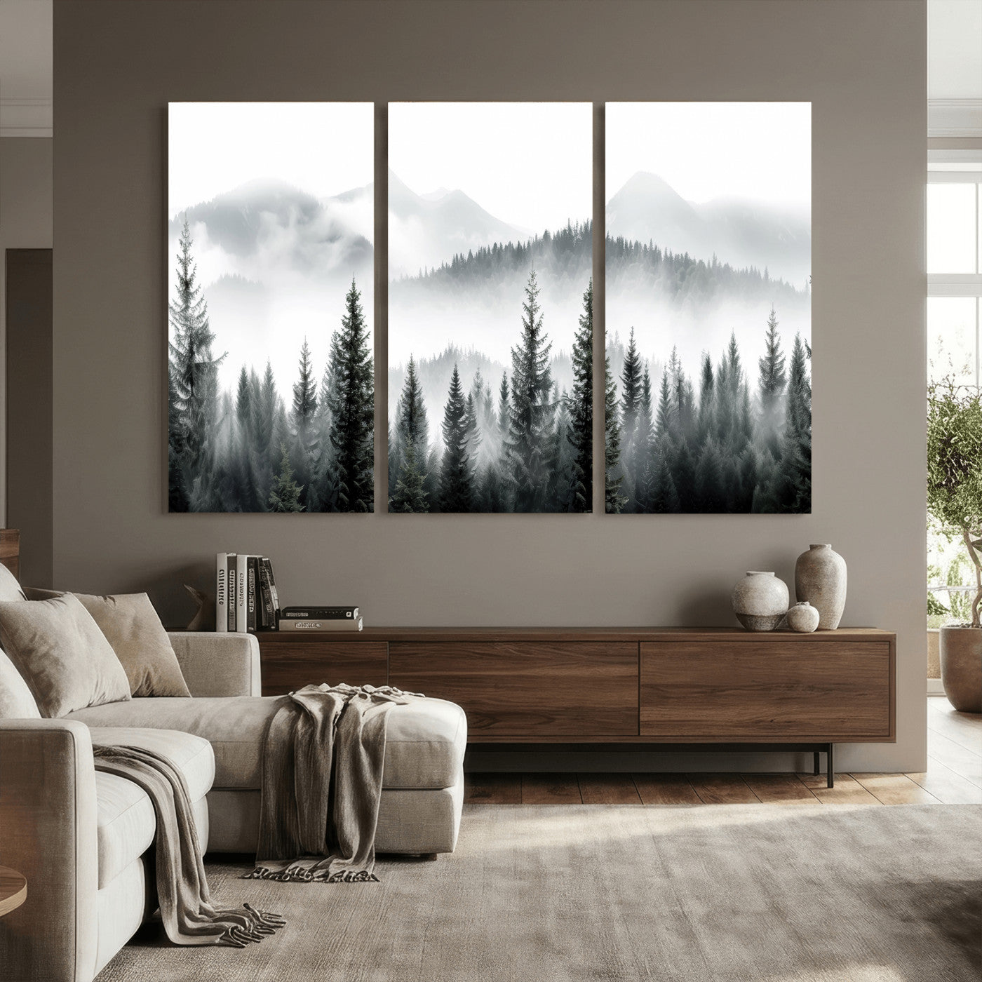 38819032-MGV-CV-36X24 - Misty Pine Forest Mountain Landscape Wall Art Canvas Print, Foggy Evergreen Trees Minimal Nature Canvas Print, Monochrome Wilderness Scenic Art Printing