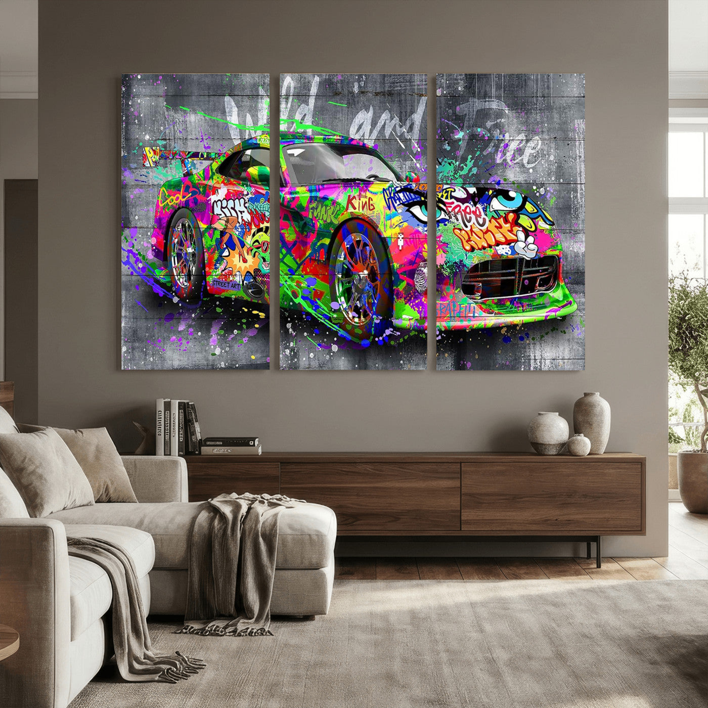 95314968-MGV-CV-36X24 - Graffiti Sports Car Street Art Wall Art Canvas Print, Colorful Urban Supercar Pop Art Canvas Print, Modern Graffiti Car Contemporary Art Printing