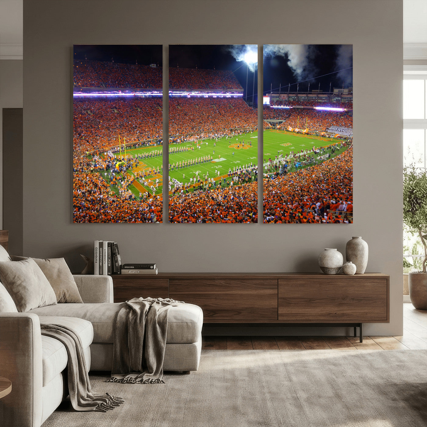 43662631-MGV-CV-36X24 - Clemson Football Stadium Wall Art Canvas Print, College Football Crowd Night Game Scene, Orange Stadium Panorama Wall Decor