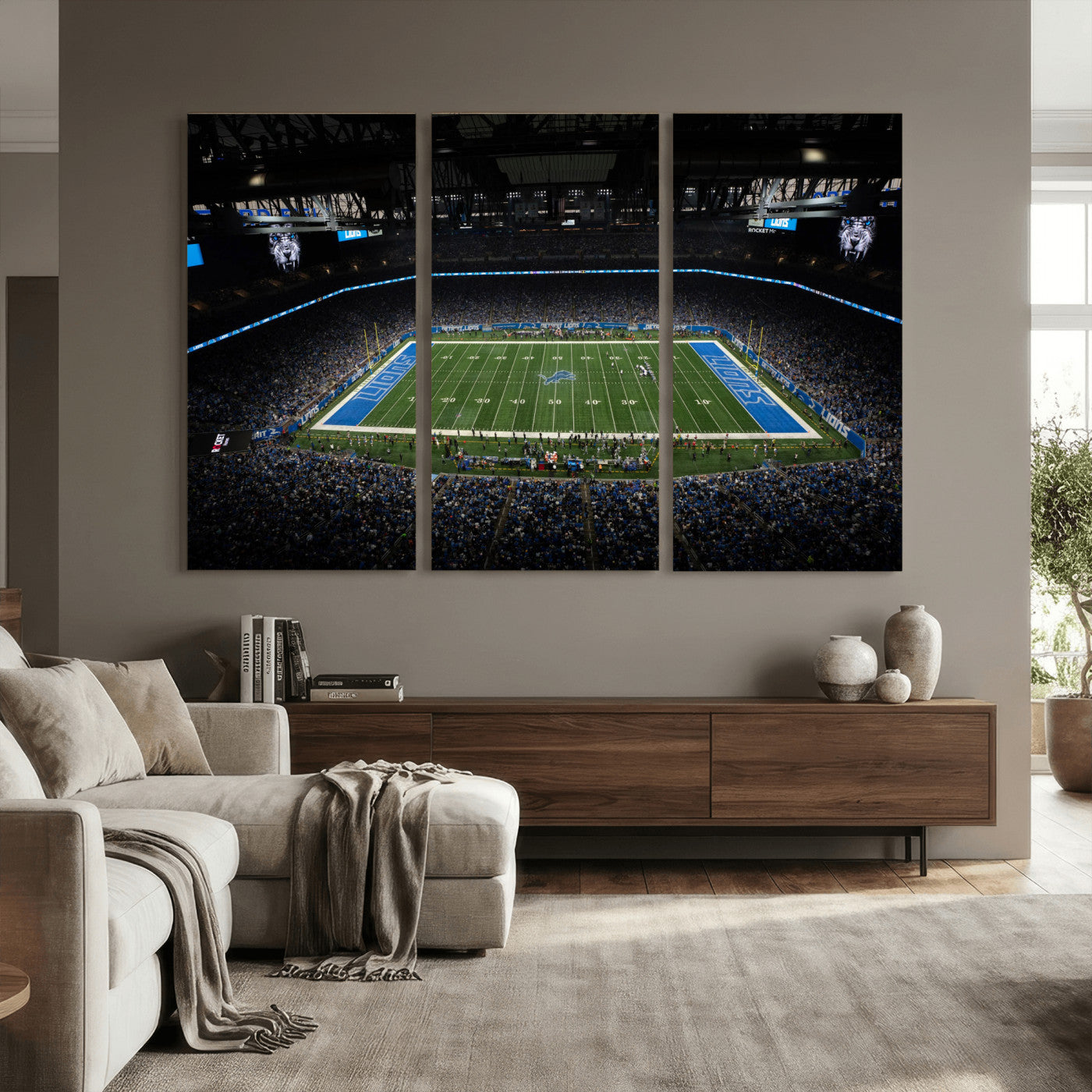 16709602-MGV-CV-36X24 - Detroit Lions Stadium Wall Art Canvas Print, Football Field Panorama Artwork, NFL Game Night Stadium Decor