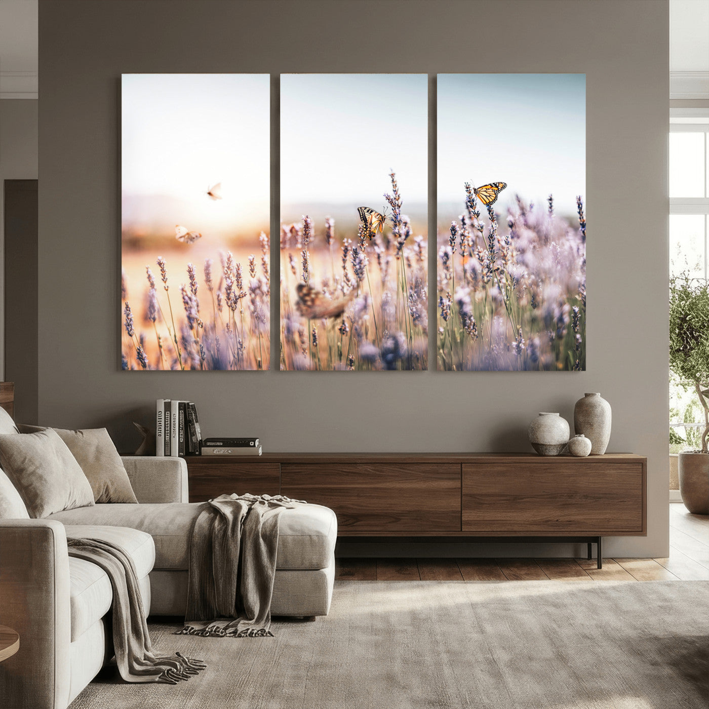 46417478-MGV-CV-36X24 - Lavender Field Wall Art Canvas Print, Butterfly Floral Landscape Art, Soft Nature Wall Decor for Bedroom