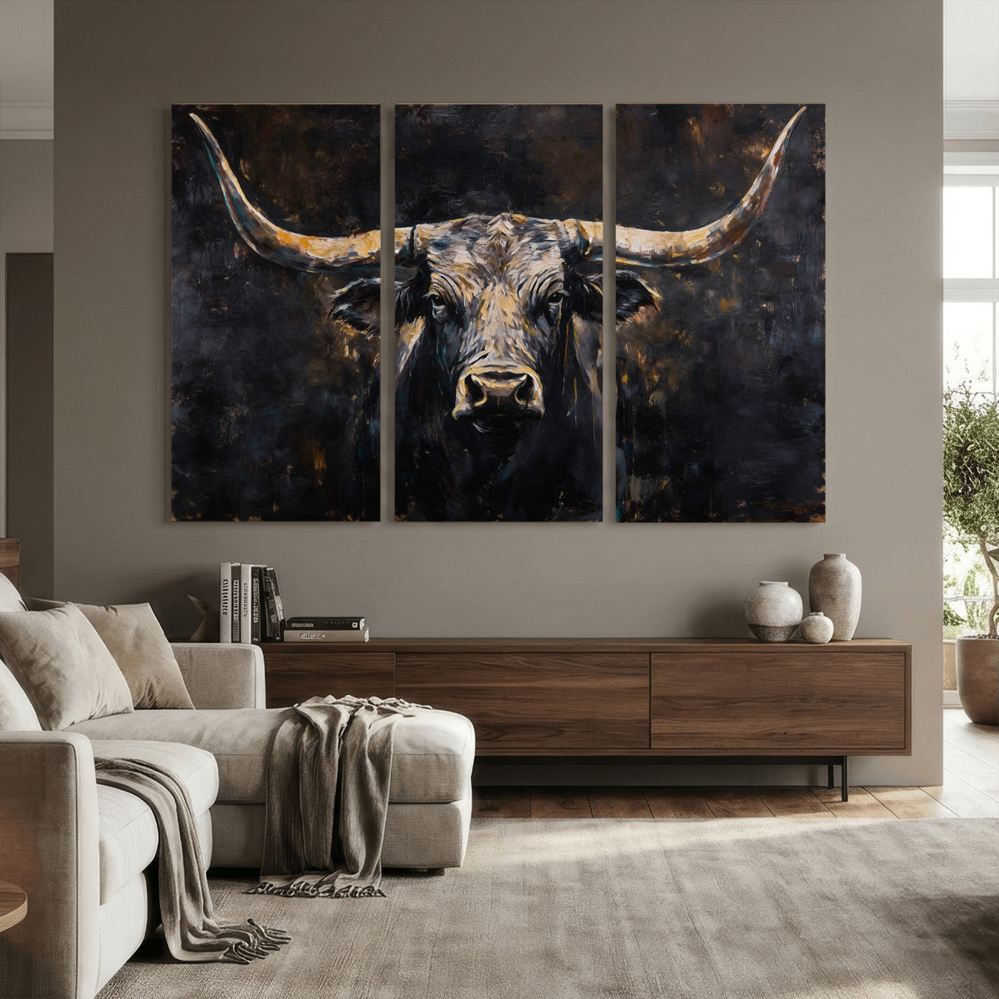 17622011-MGV-CV-36X24 - Abstract Longhorn Bull Wall Art Canvas Print – Dark Rustic Western Cattle Artwork for Farmhouse, Ranch, Cabin, and Office Decor