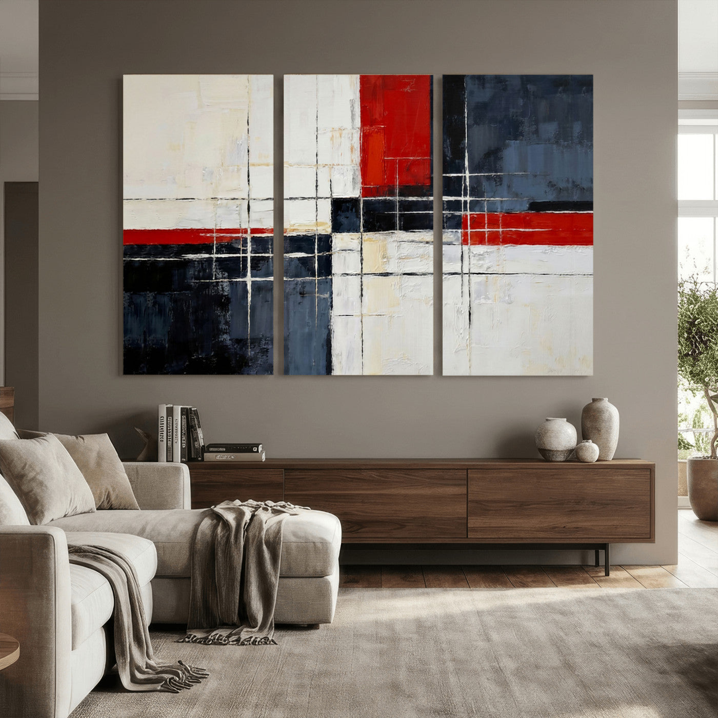 44088165-MGV-CV-36X24 - Navy Red Abstract Wall Art Canvas Print, Modern Luxury Geometric Painting Wall Decor for Living Room and Office