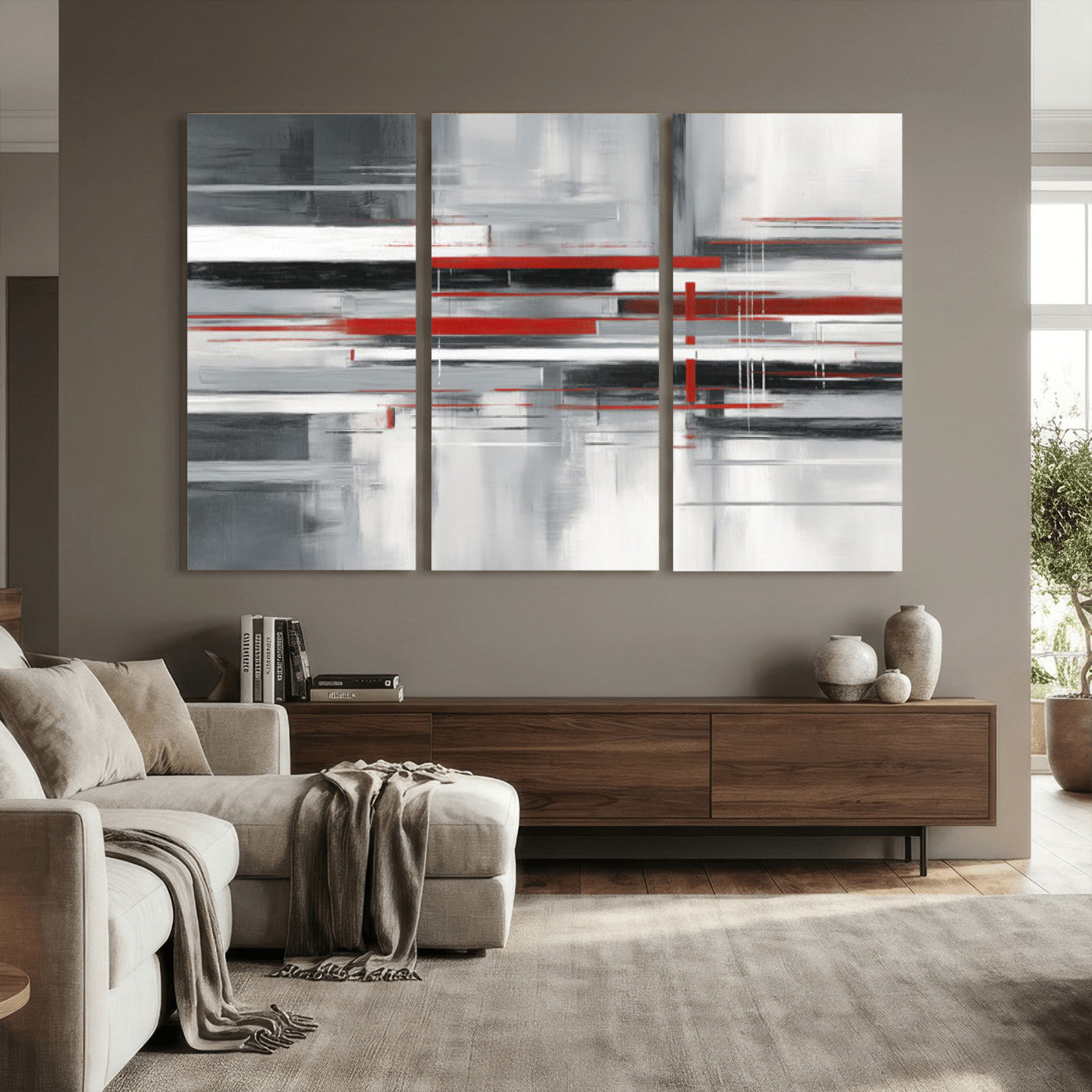 62640681-MGV-CV-36X24 - Gray Red Abstract Wall Art Canvas Print, Modern Abstract Canvas Wall Decor for Contemporary Living Room and Office