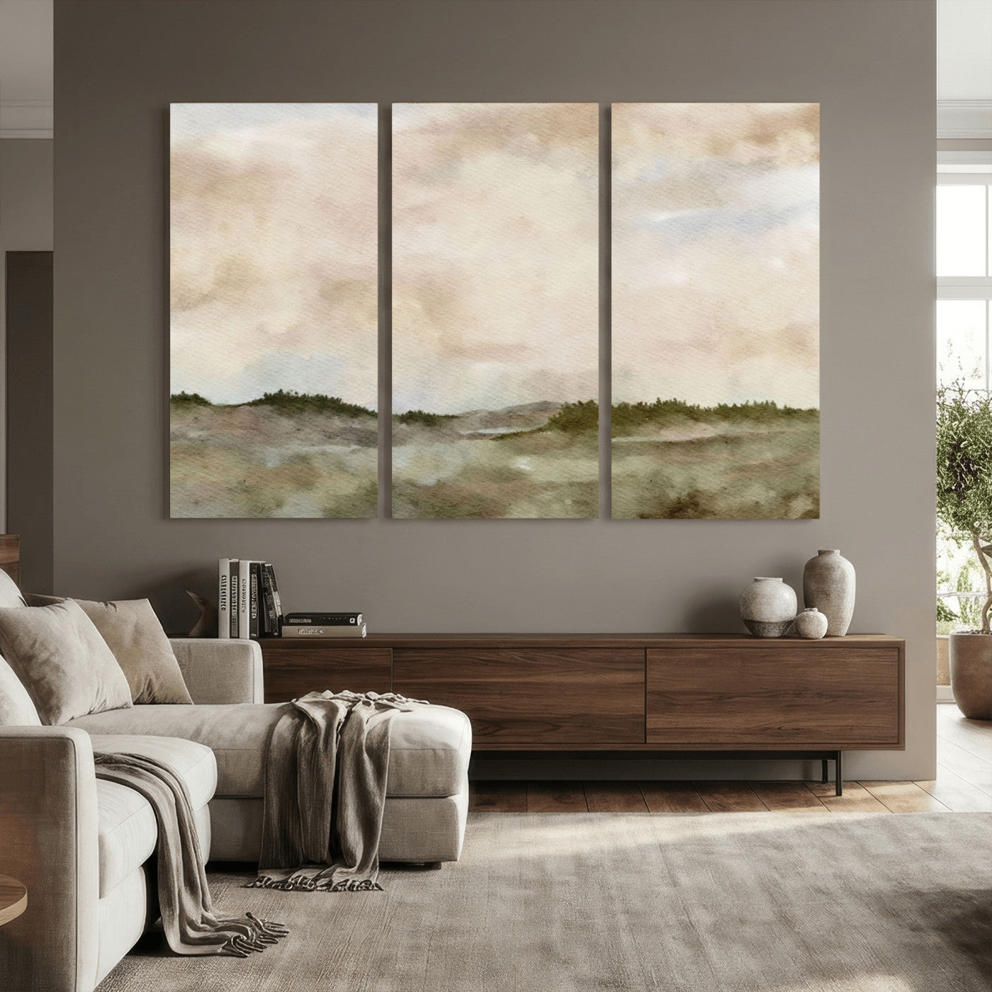 13578069-MGV-CV-36X24 - Abstract Landscape Wall Art Canvas Print, Watercolor Pastoral Landscape Painting Wall Decor for Modern Farmhouse Interiors