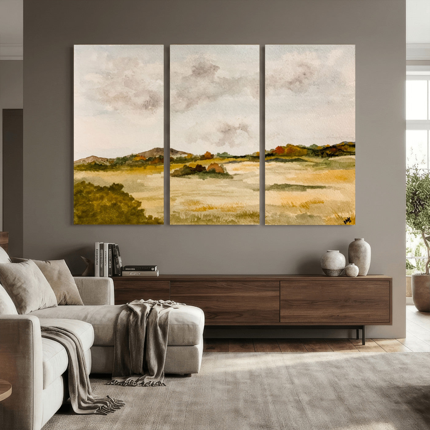 94151004-MGV-CV-36X24 - Watercolor Abstract Countryside Wall Art Canvas Print, Neutral Pastoral Landscape Painting Wall Decor for Modern Farmhouse Interiors