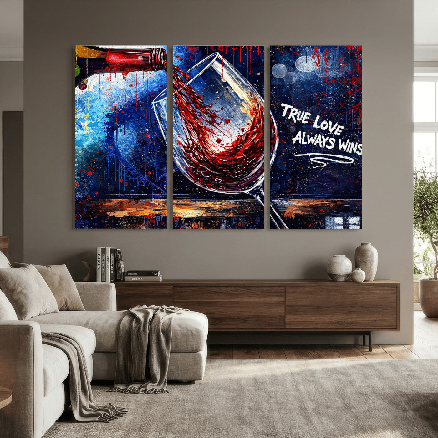 88788932-MGV-CV-36X24 - Red Wine Splash Abstract Wall Art Canvas Print, Modern Wine Glass Painting Canvas Print, Romantic Quote Contemporary Bar Art Print
