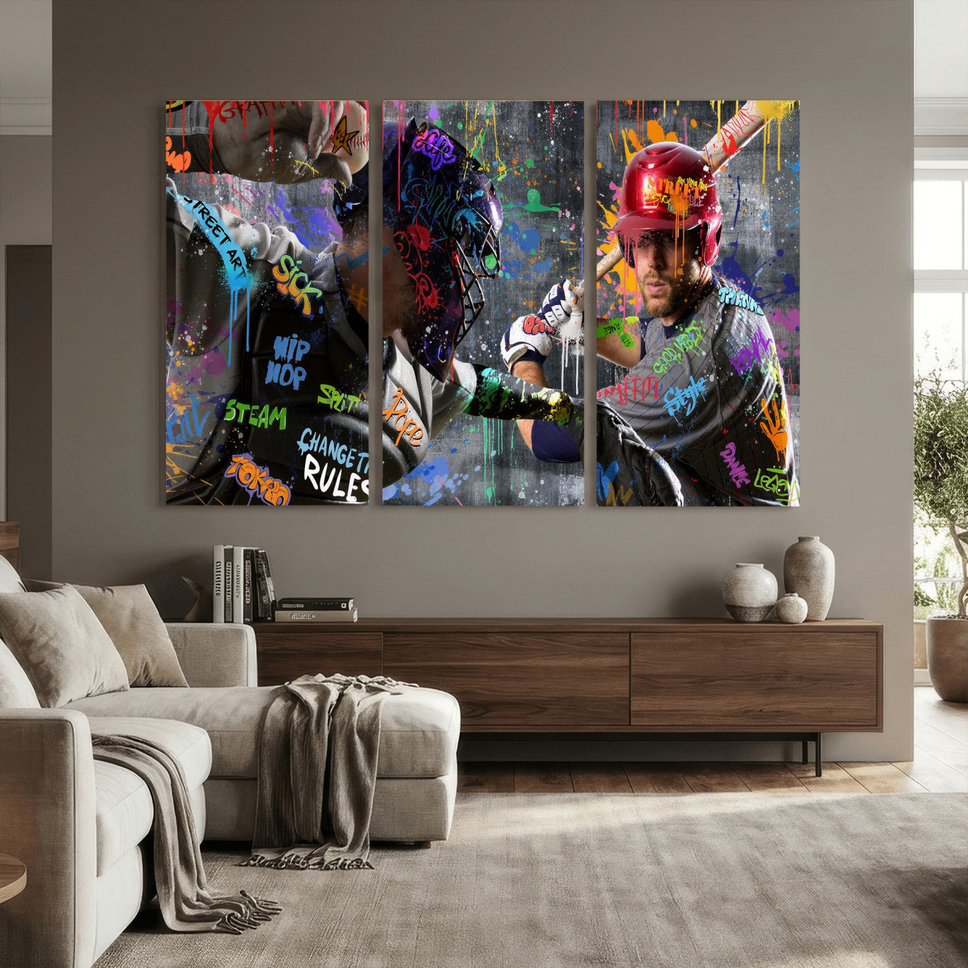 19634994-MGV-CV-36X24 - Graffiti Baseball Player Street Art Wall Art Canvas Print, Urban Sports Pop Art Baseball Canvas Print, Modern Athletic Graffiti Contemporary Art Printing