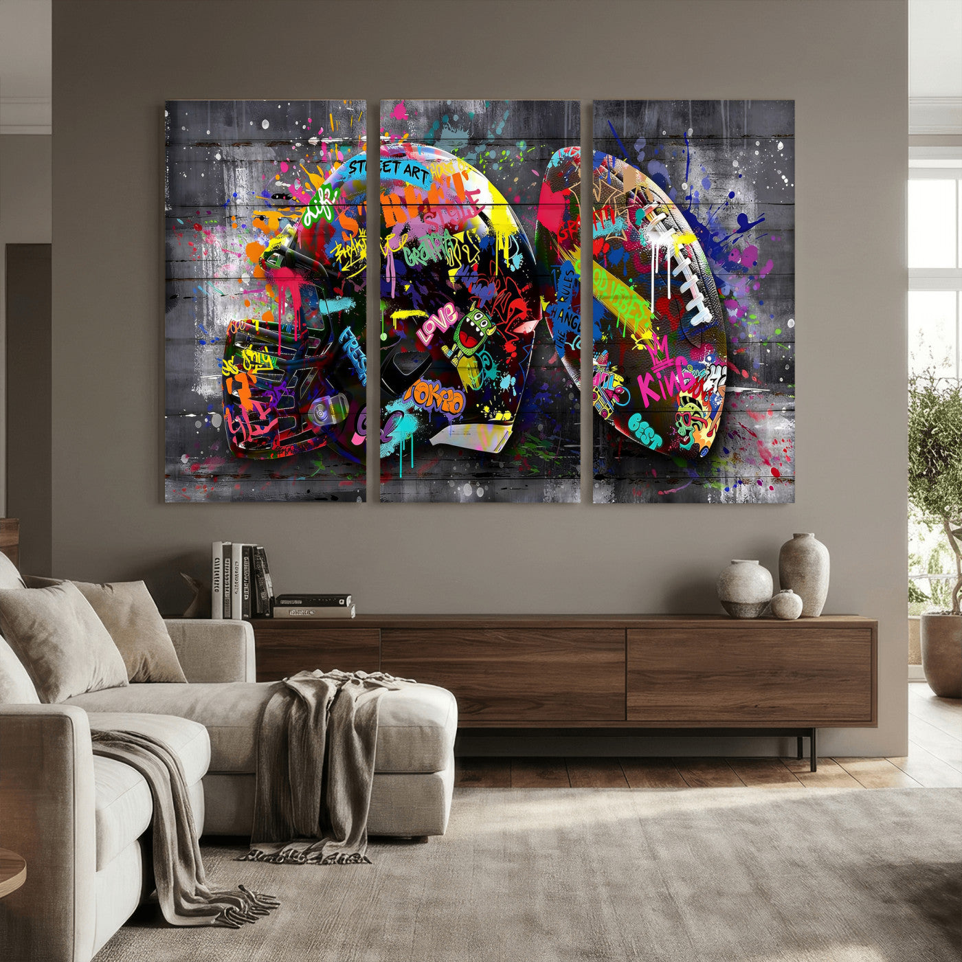 80540773-MGV-CV-36X24 - Graffiti American Football Helmet Street Art Wall Art Canvas Print, Urban Sports Pop Art Football Canvas Print, Colorful Graffiti Sports Contemporary Art Printing