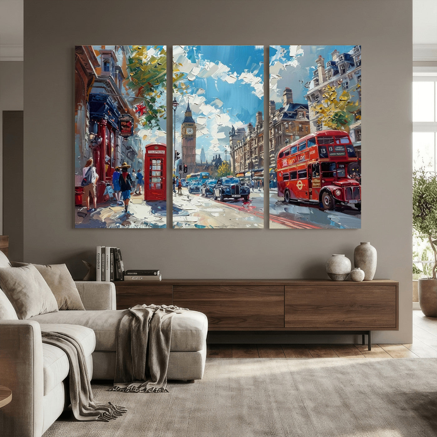 17630888-MGV-CV-36X24 - Modern London City Street Wall Art Canvas Print, Big Ben & Red Bus Artwork Canvas Print