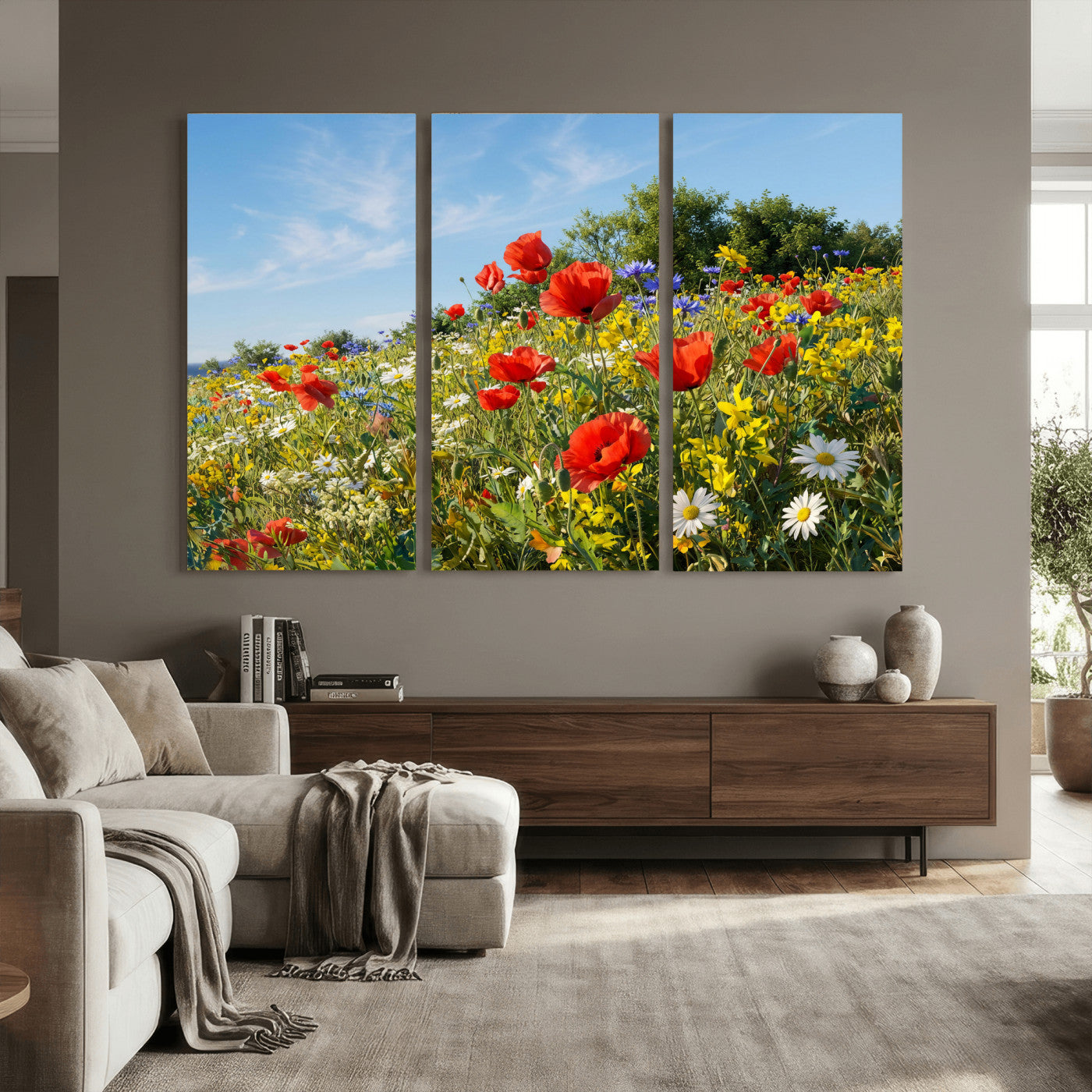 38570784-MGV-CV-36X24 - Wildflower Meadow Wall Art Canvas Print – Colorful Poppy and Daisy Field Landscape Artwork for Living Room Decor