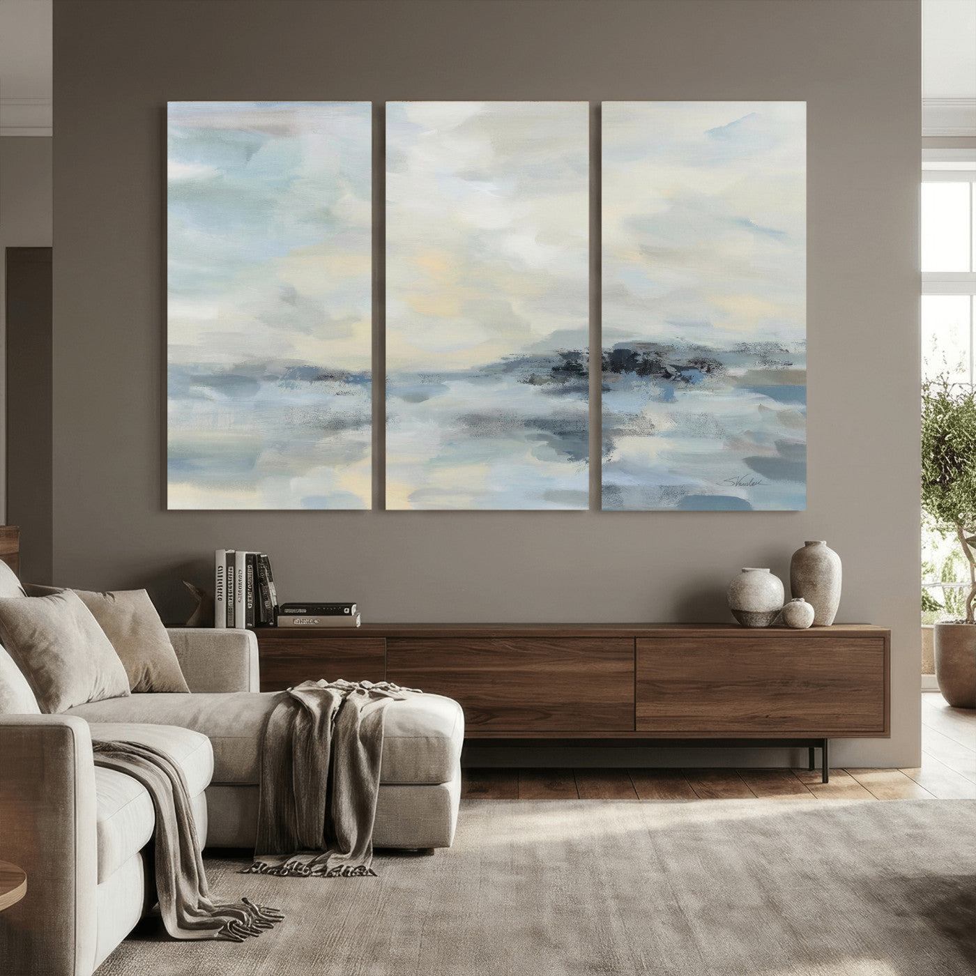 24647355-MGV-CV-36X24 - Abstract Coastal Landscape Wall Art Canvas Print – Soft Blue Gray Minimalist Painting