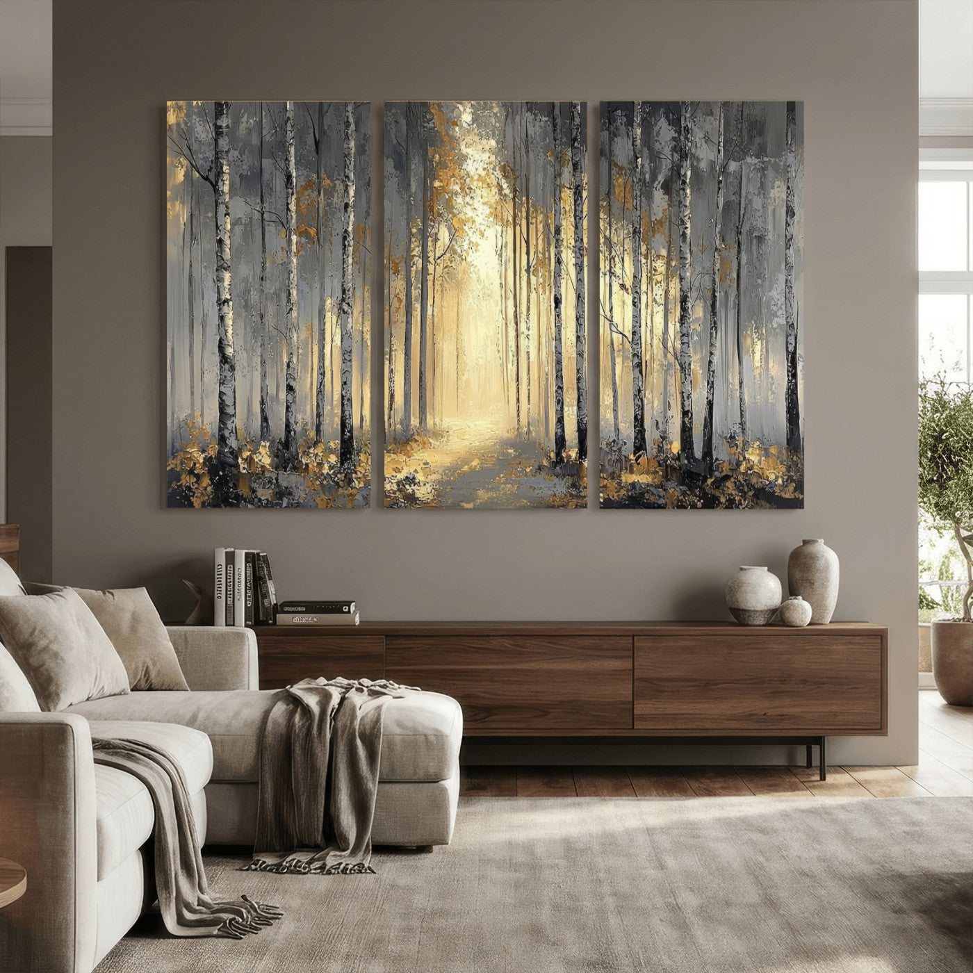 41017042-MGV-CV-36X24 - Abstract Birch Forest Wall Art Canvas Print – Modern Neutral Woodland Landscape Artwork for Living Room Decor