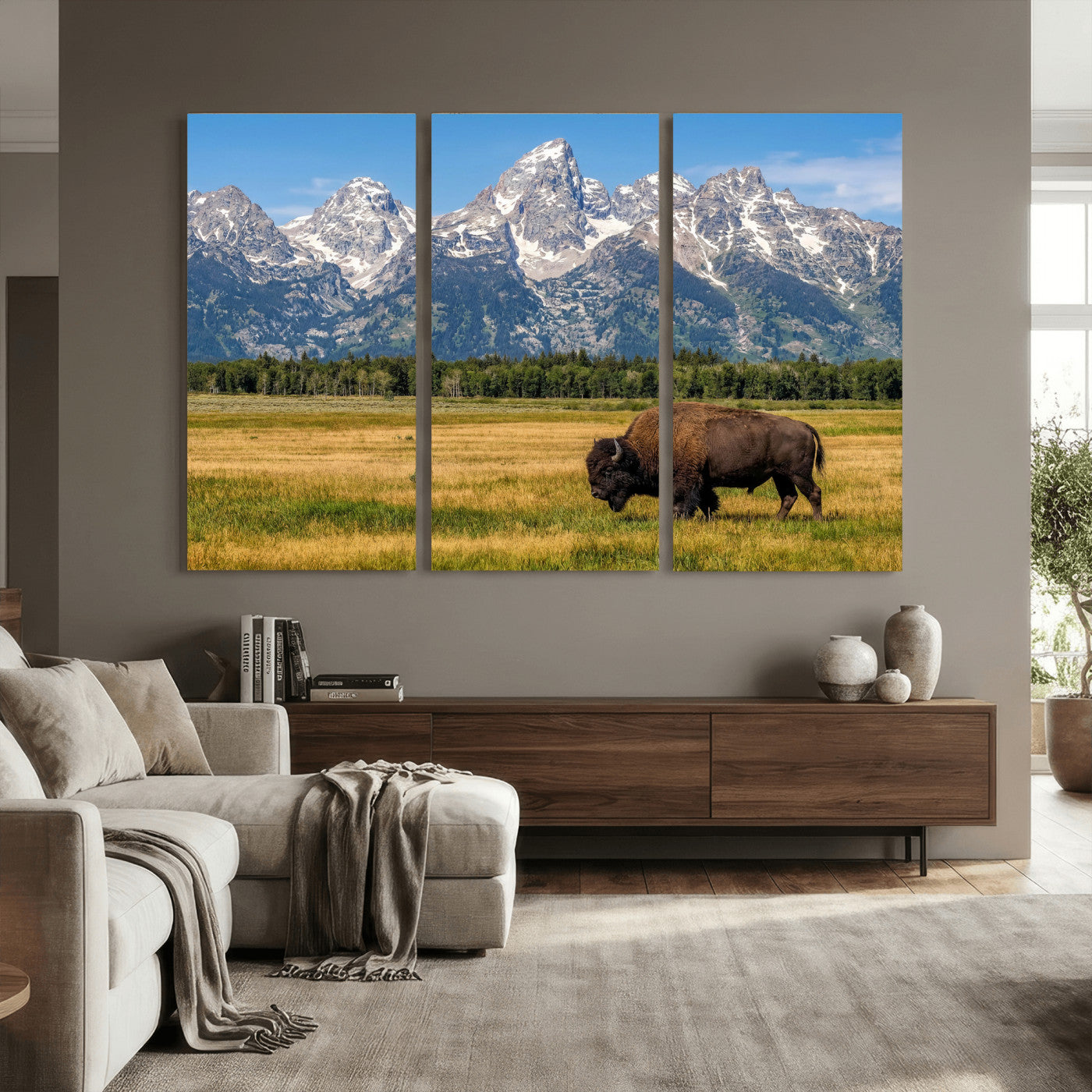 20424529-MGV-CV-36X24 - Bison in Mountain Landscape Wall Art Canvas Print – Western Wildlife Artwork for Rustic Living Room Decor