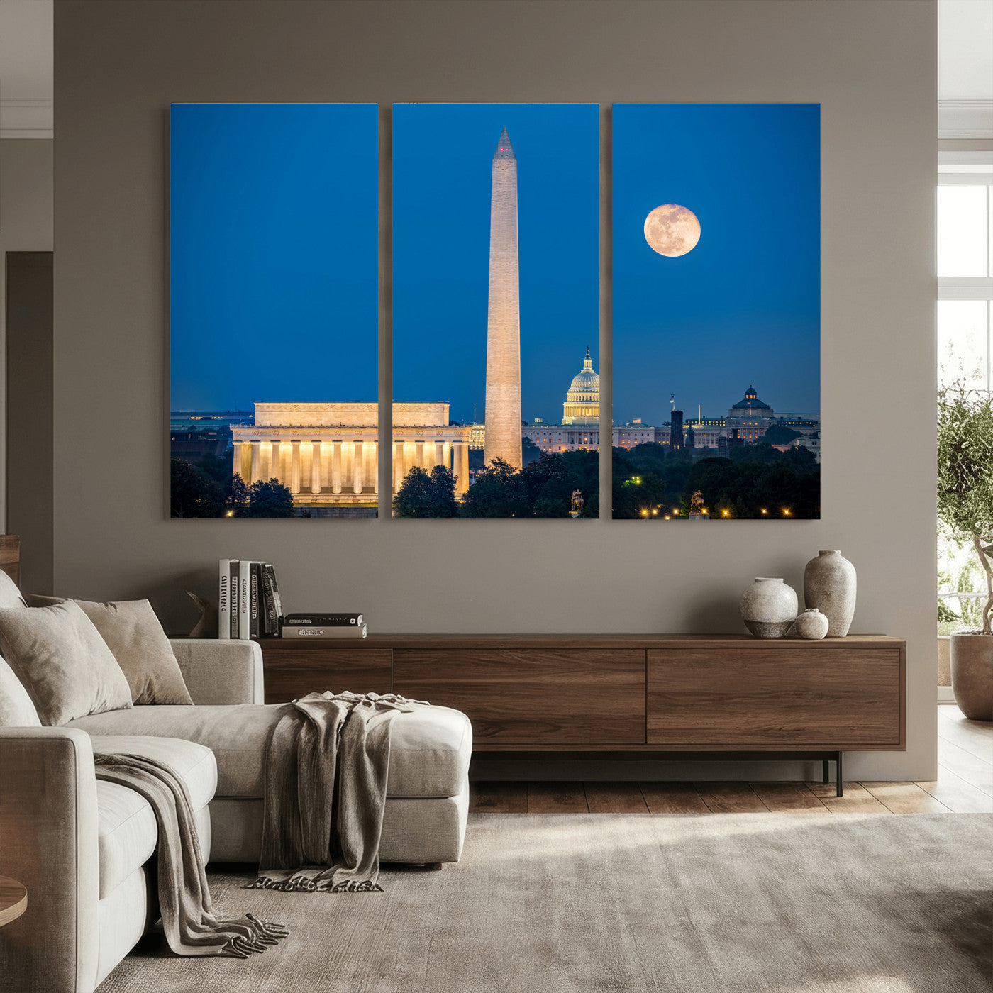 96712946-MGV-CV-36X24 - Washington DC Skyline Wall Art Canvas Print – Lincoln Memorial, Washington Monument and US Capitol Night Cityscape Artwork