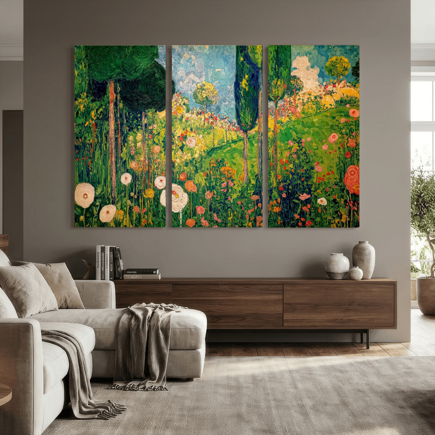 83517974-MGV-CV-36X24 - Gustav Klimt Boho Mountain Landscape Large Wall Art, Horizontal Gold Framed Canvas Print with Sun and Flowers