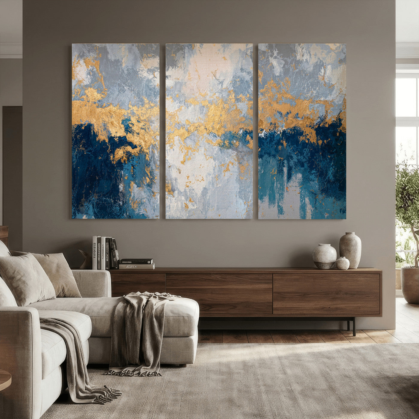65386119-MGV-CV-36X24 - Blue Gold Abstract Large Framed Canvas Wall Art, Modern Luxury Painting Print in Horizontal Oversized Minimal Wall Decor Artwork