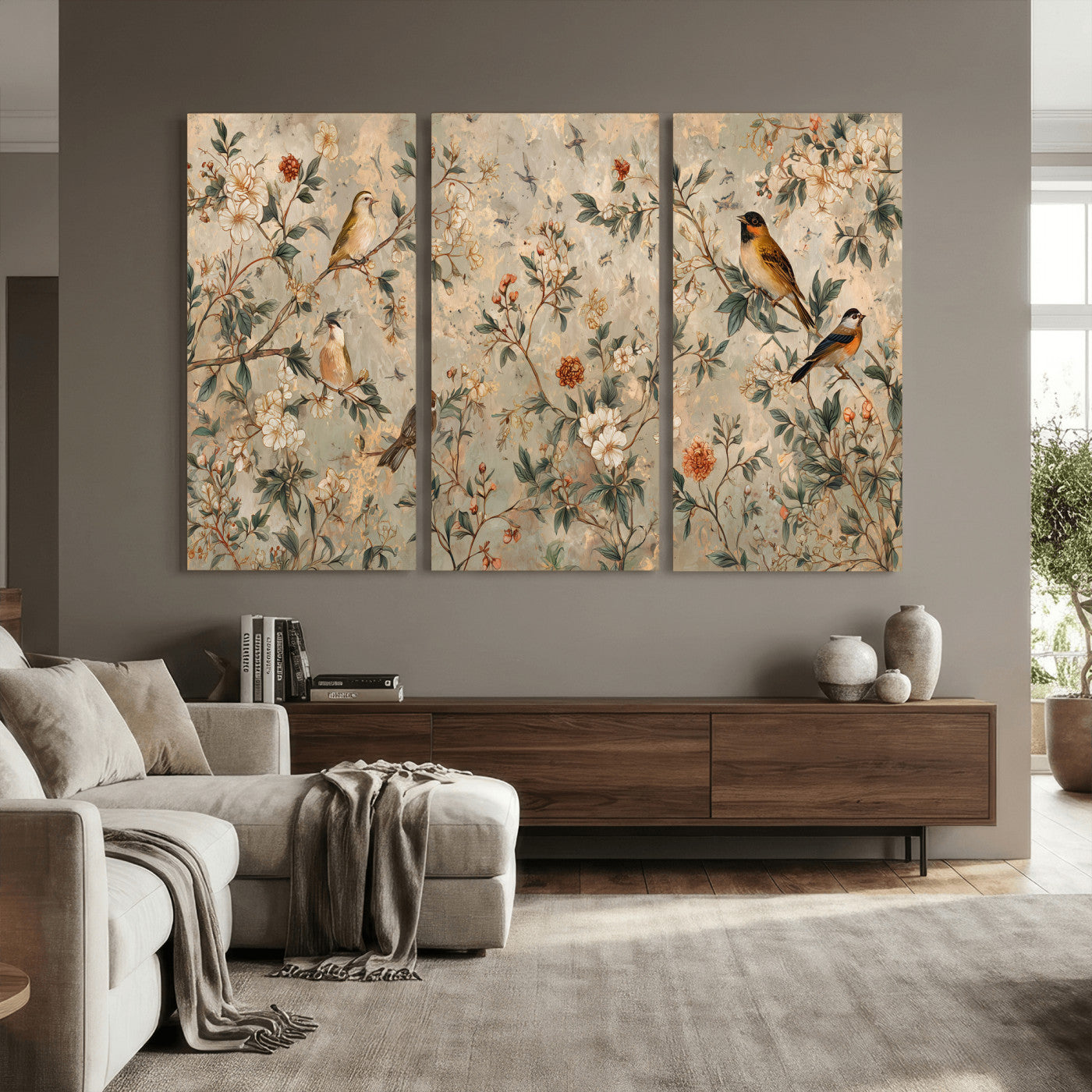 76588438-MGV-CV-36X24 - Vintage Birds and Flowers Wall Art Canvas Print, Botanical Bird Painting Canvas Print, Floral Garden Bird Artwork Canvas Print, Classic Bird Flower Painting Canvas Print