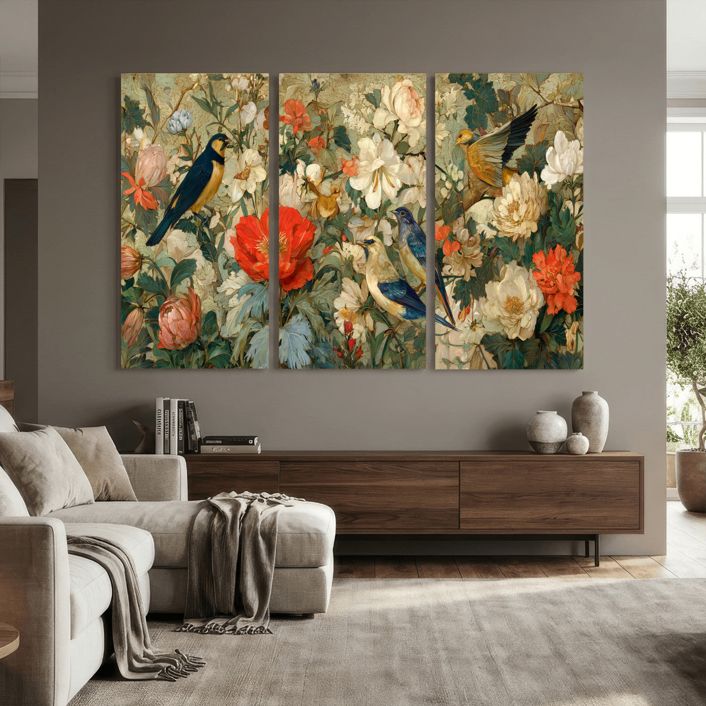 52904757-MGV-CV-36X24 - Vintage Birds and Flowers Wall Art Canvas Print, Botanical Bird Painting Canvas Print, Floral Garden Bird Artwork Canvas Print, Classic Bird Flower Painting Canvas Print