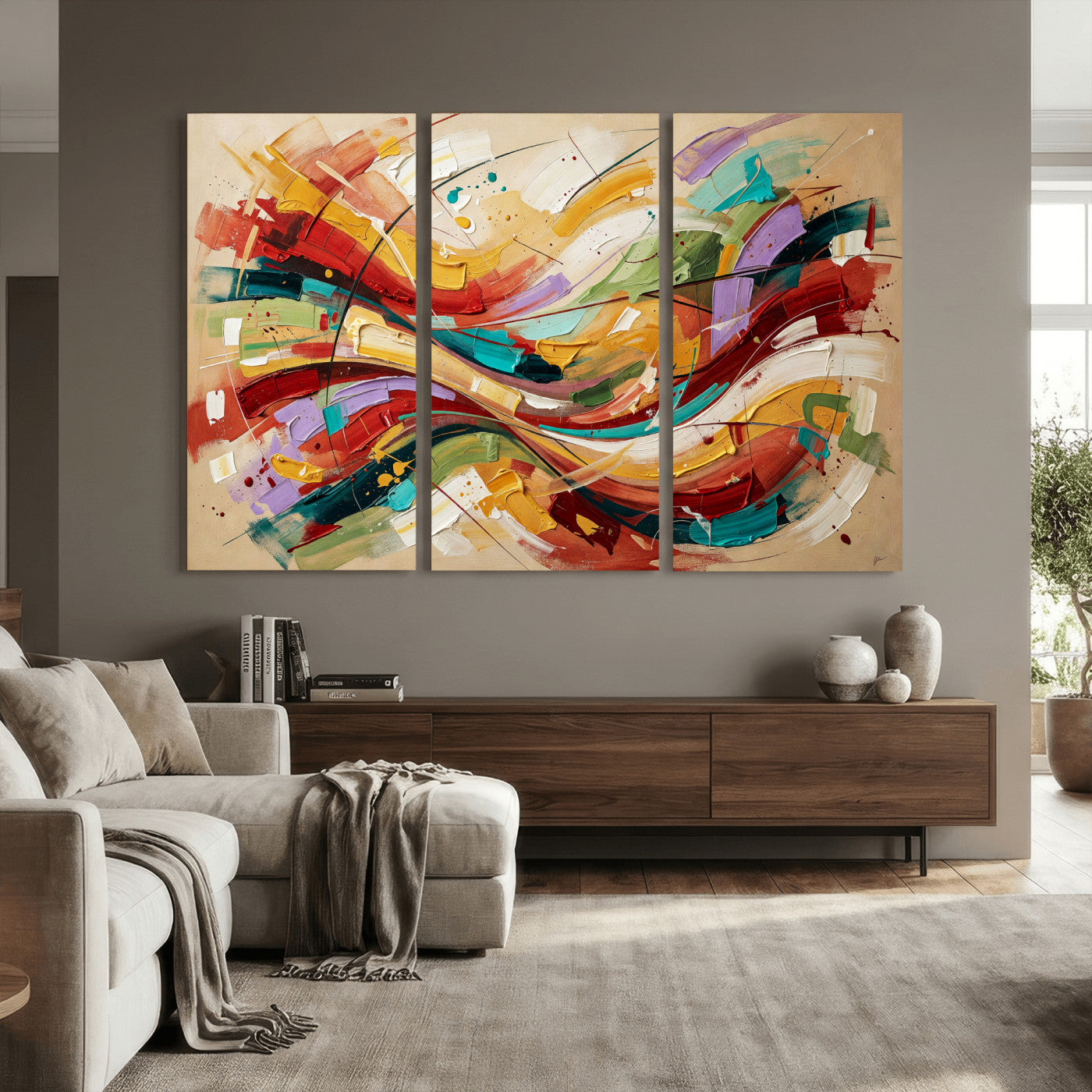 39887645-MGV-CV-36X24 - Geometric Abstract Wall Art Canvas Print, Orange Blue Abstract Expressionist Painting Print, Modern Geometric Abstract Canvas Art