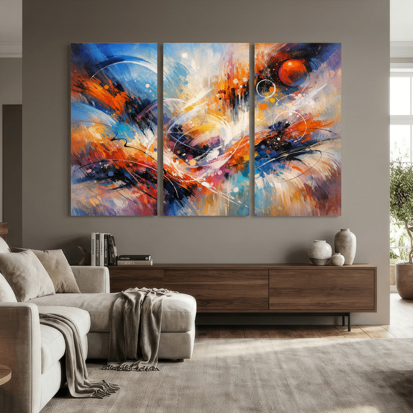 47770355-MGV-CV-36X24 - Geometric Abstract Wall Art Canvas Print, Orange Blue Abstract Expressionist Painting Print, Modern Geometric Abstract Canvas Art