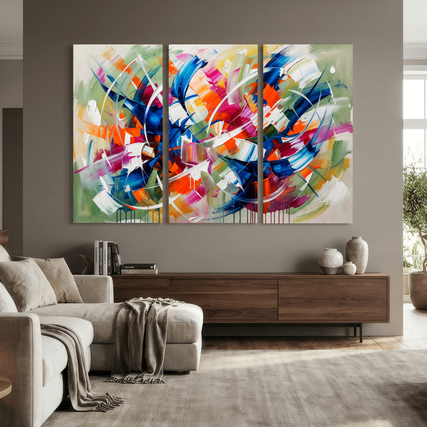 15032888-MGV-CV-36X24 - Geometric Abstract Wall Art Canvas Print, Orange Blue Abstract Expressionist Painting Print, Modern Geometric Abstract Canvas Art