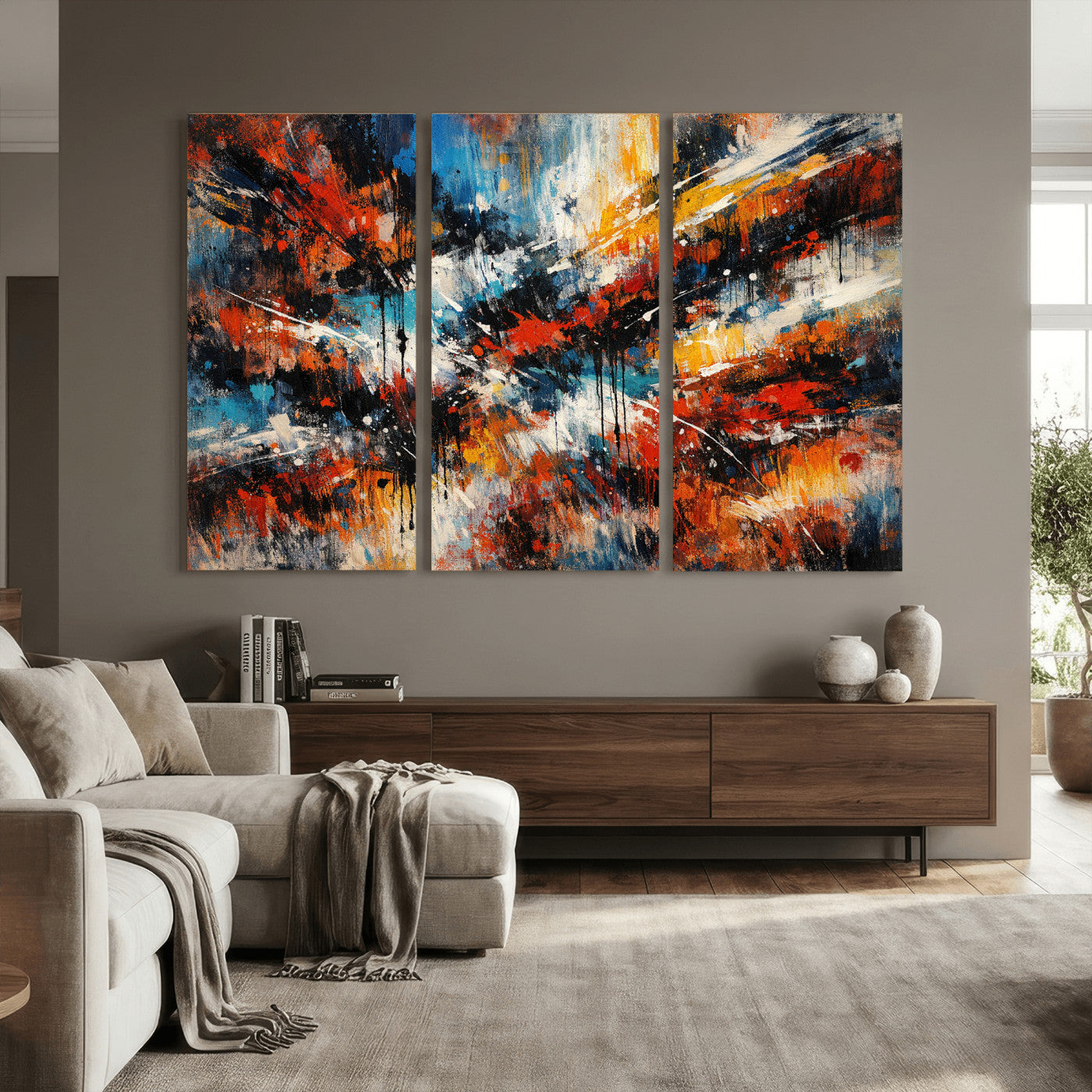 80276069-MGV-CV-36X24 - Geometric Abstract Wall Art Canvas Print, Orange Blue Abstract Expressionist Painting Print, Modern Geometric Abstract Canvas Art