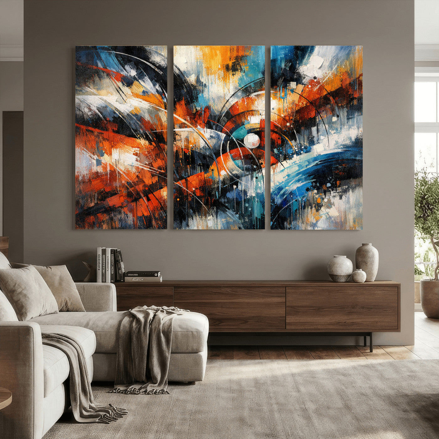 47120691-MGV-CV-36X24 - Geometric Abstract Wall Art Canvas Print, Orange Blue Abstract Expressionist Painting Print, Modern Geometric Abstract Canvas Art