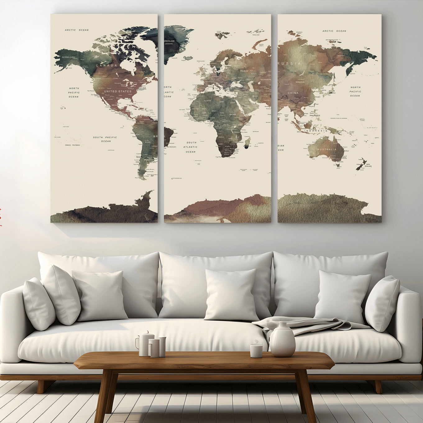 -Neutral Watercolor World Map Canvas Wall Art – Framed Earth Tone Map Print, Minimalist Travel Artwork for Modern Home and Office Decor