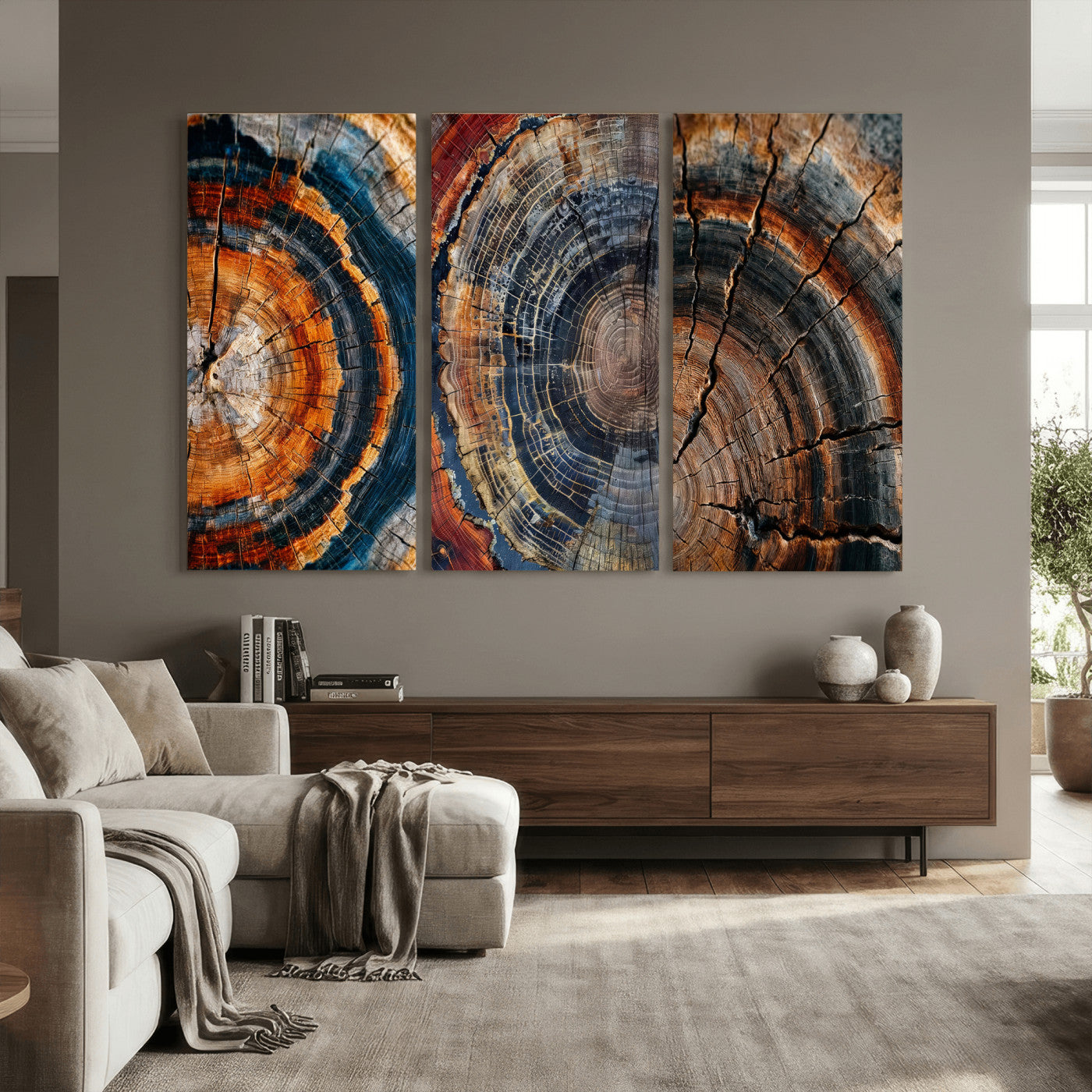 4712069W1-MGV-CV-48X32-3P - Tree Ring Triptych Canvas Wall Art — Set of 3 Wood Grain Print | Rustic Nature Decor | Earth Tone Wall Art | Unique Living Room Art Gift