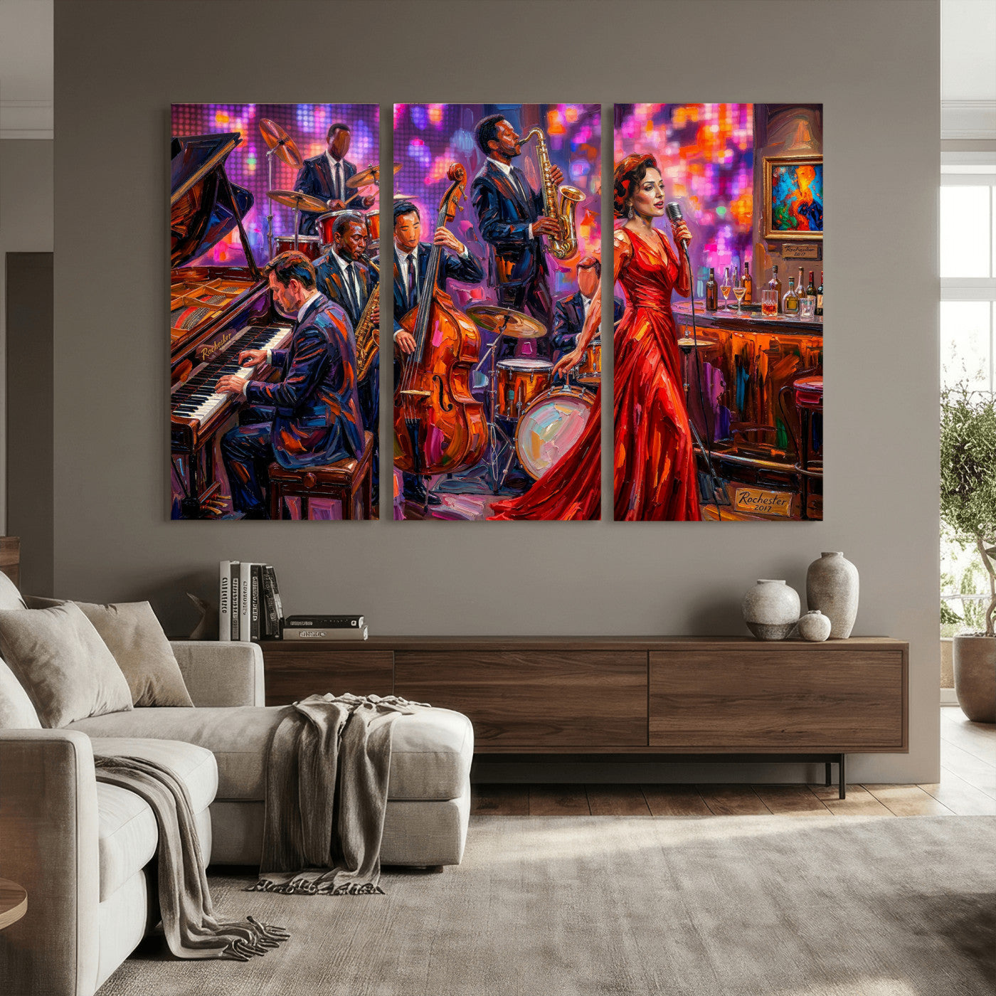 620930J20-MGV-CV-36X24 - Jazz Band Canvas Wall Art — Jazz Club Singer Saxophone Print | Music Wall Decor | Bar Restaurant Art | Music Lover Gift | Jazz Home Decor