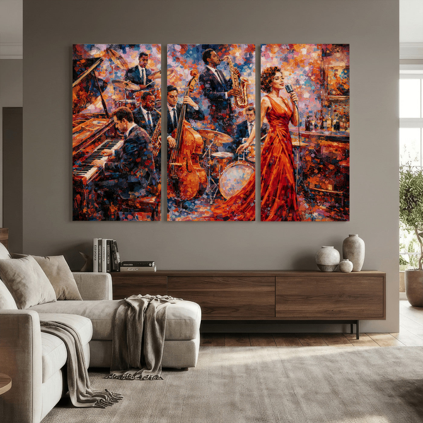620930SF20-MGV-CV-36X24 - Jazz Band Canvas Wall Art — Jazz Club Singer Saxophone Print | Music Wall Decor | Bar Restaurant Art | Music Lover Gift | Jazz Home Decor
