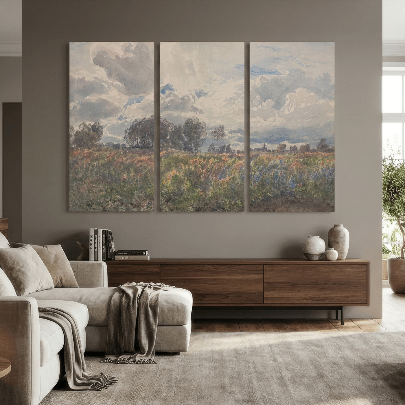 76626885-MGV-CV-36X24 - Vintage Watercolor Meadow Canvas Wall Art — English Pastoral Wildflower Storm Sky Print | Cottagecore Nature Decor | Classic Landscape Gift