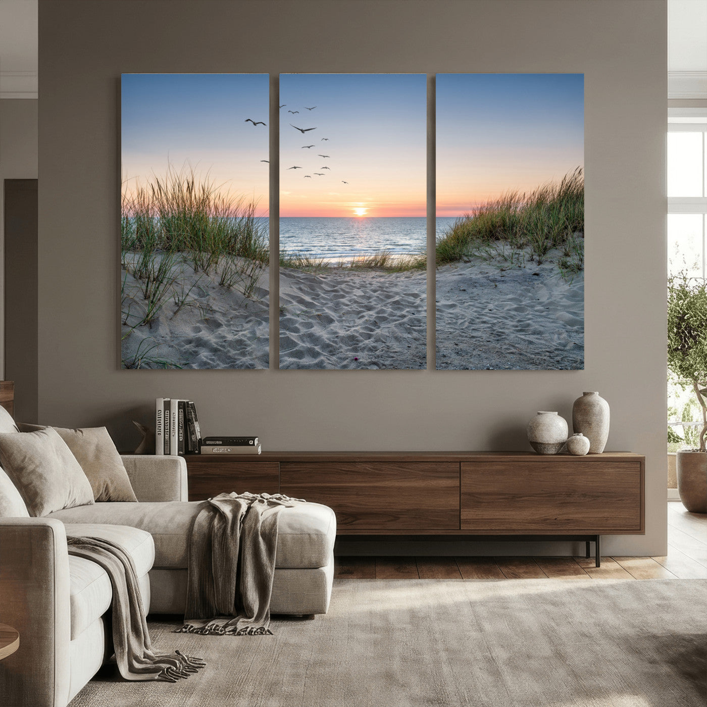 12172032-MGV-CV-36X24 - Sandy Dune Path Sunset Canvas Wall Art — Seagulls Beach Ocean Photography Print | Coastal Home Decor | Nautical Wall Art | Beach House Gift