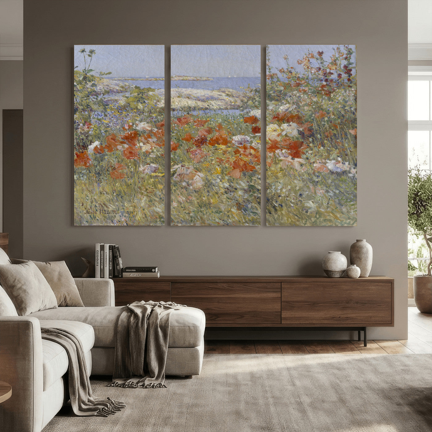 54770907-MGV-CV-36X24 - Childe Hassam Celia Thaxter Garden Canvas — 1890 American Impressionist Poppy Floral Print | Isles of Shoals Coastal Art | Classic Gift