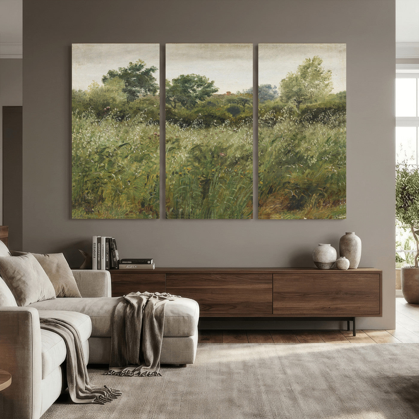 92328261-MGV-CV-36X24 - Wildflower Meadow Canvas Wall Art, Impressionist Overgrown Field Painting Print, Vintage Green Nature Decor, Cottagecore Botanical Art, Living Room Print