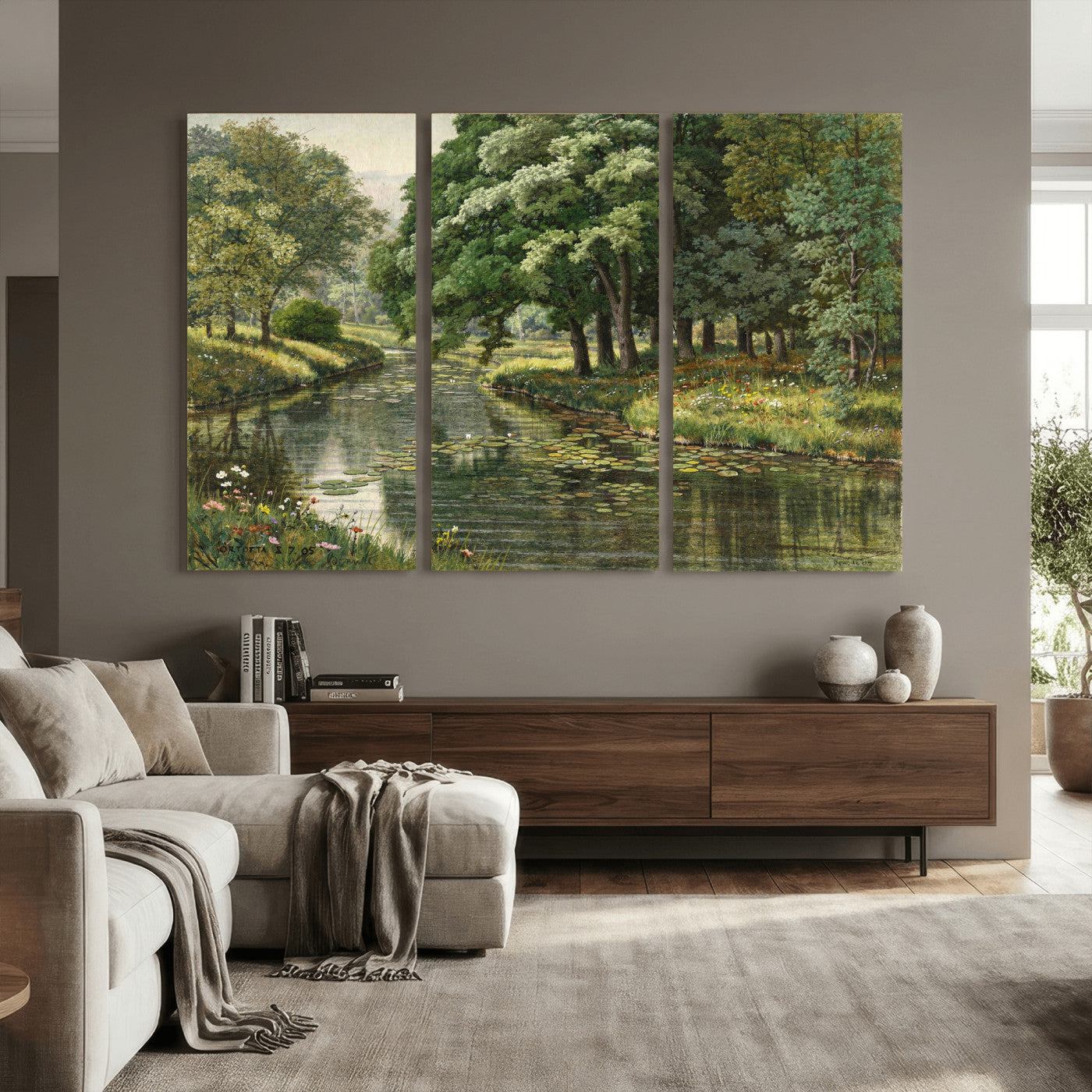 44288560-MGV-CV-36X24 - Forest Stream Canvas Wall Art, Peder Monsted A Forest Stream 1905 Print, Danish Realist Landscape, Lily Pad River Nature Decor, Vintage Green Painting