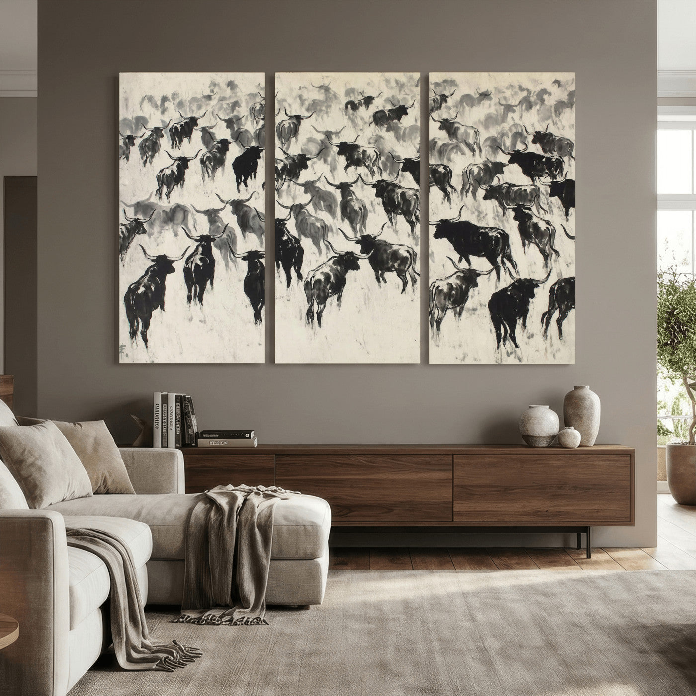 68669792-MGV-CV-36X24 - Longhorn Cattle Canvas Wall Art, Black White Stampede Ink Painting Print, Western Farmhouse Decor, Bull Herd Art, Large Living Room Wall Art, Ranch Home Decor